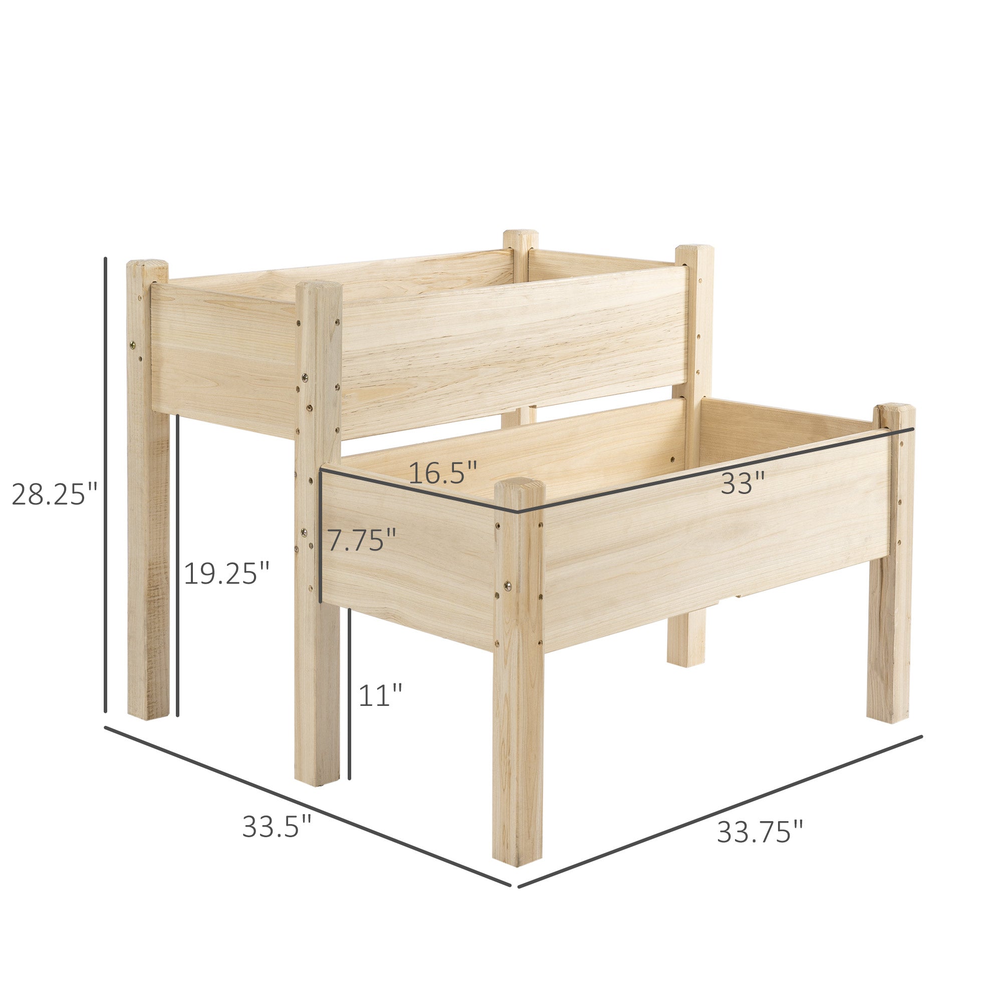 Raised Garden Bed, 2-Tier Wood Planter Stand Plant Grow Box, 34"x34"x28" - Natural - Image 3
