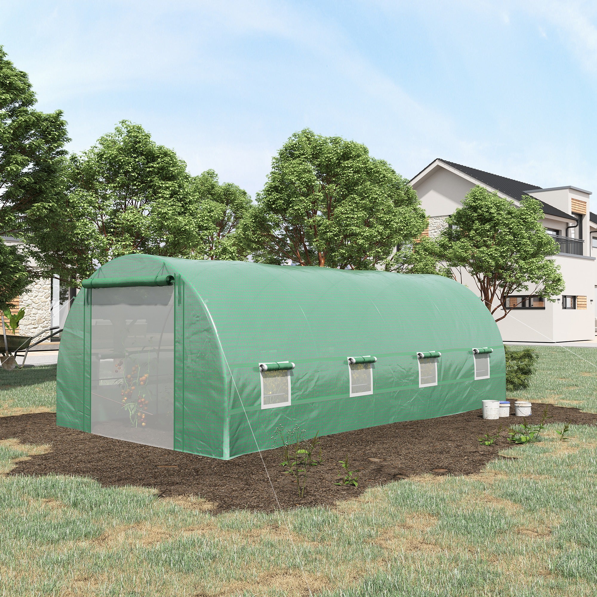 Steel Frame Walk-In Tunnel Greenhouse Garden Warm House Large Hot House Kit with Windows & Door, 19' x 10' x 7', Green - Green - Image 2