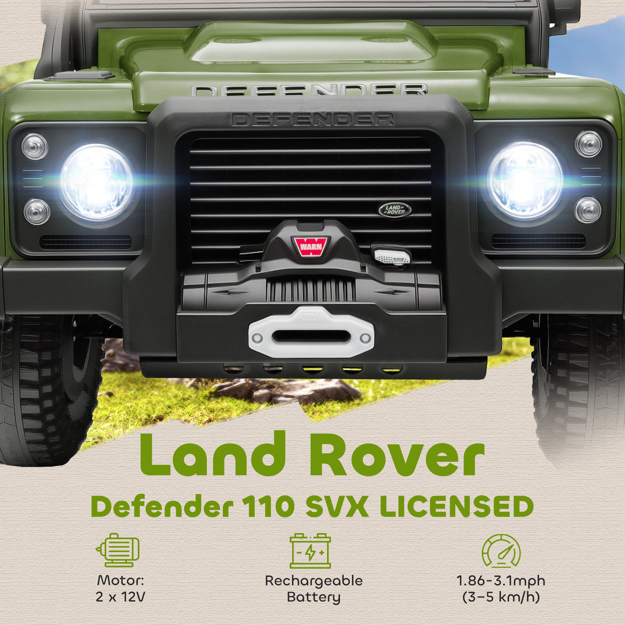 Land Rover Licensed Electric Car for Kids with Remote Control, Dual Motors, Spring Suspension, LED Lights, Dark Green