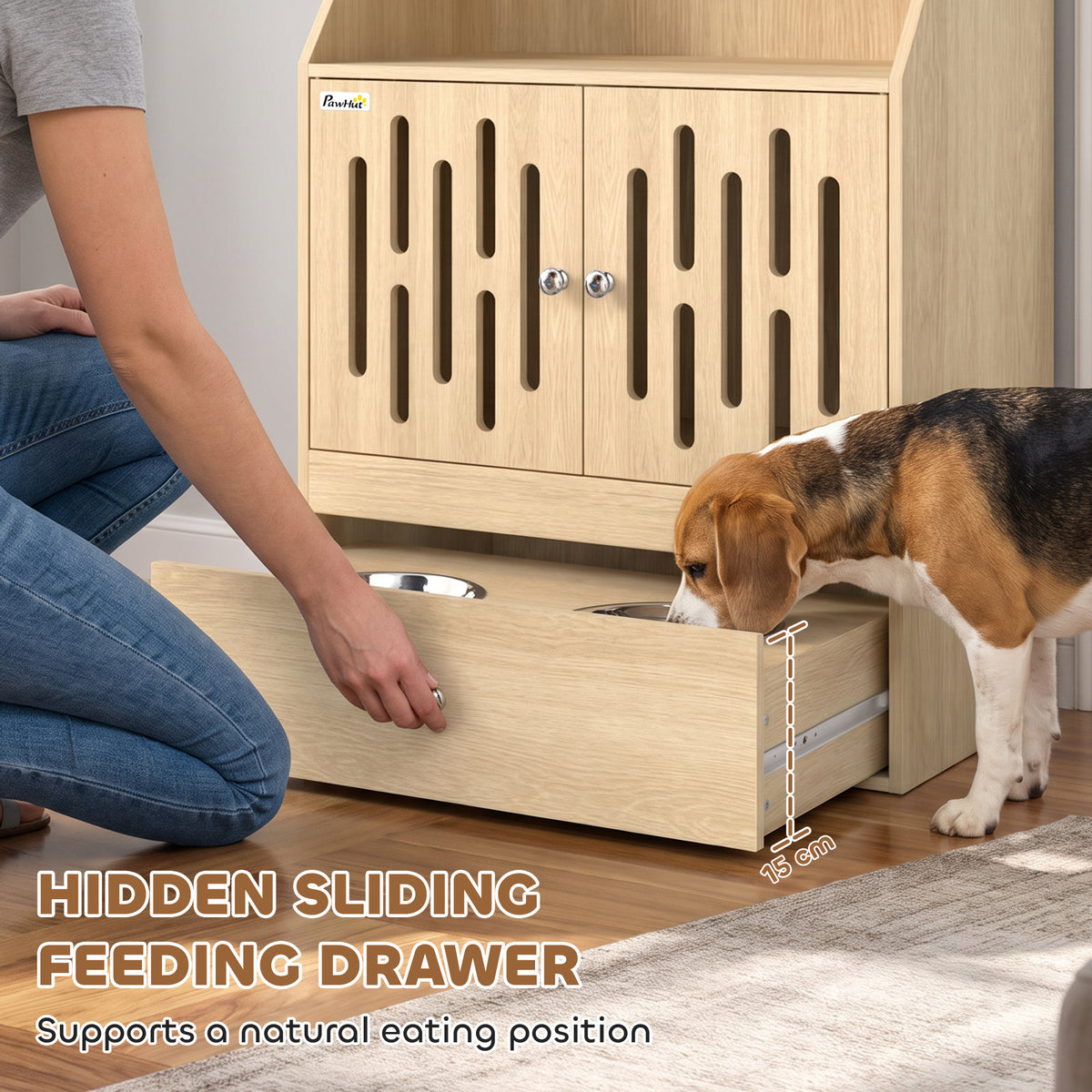 Dog Feeding Station, Pet Food Storage Cabinet with 2 Elevated Bowls & Slow-Feed Mat for Dogs & Cats