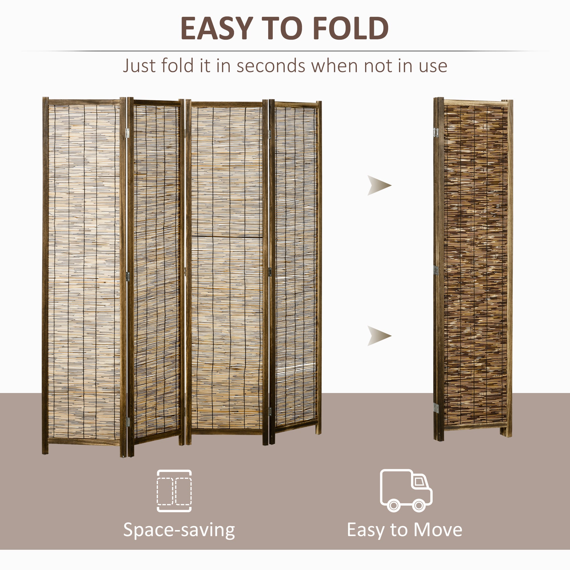 Hand Woven Room Divider, 4 Panel Folding Privacy Screen, Indoor Reed Partition Wall, 63"x67"x0.75", Brown