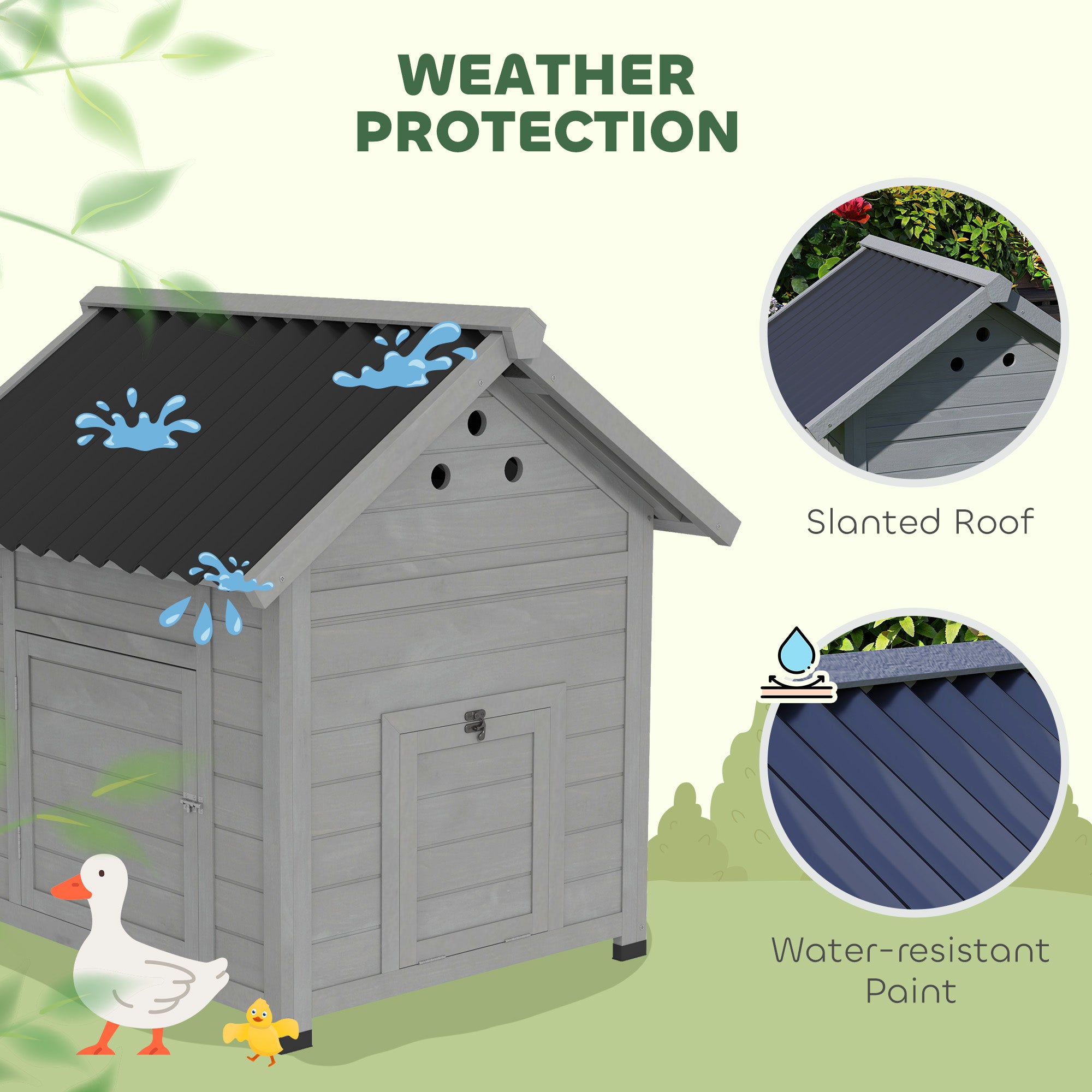 Duck Coop, Wooden Duck House with Openable Roof & Double Doors, Light Gray - Light Gray - Image 6
