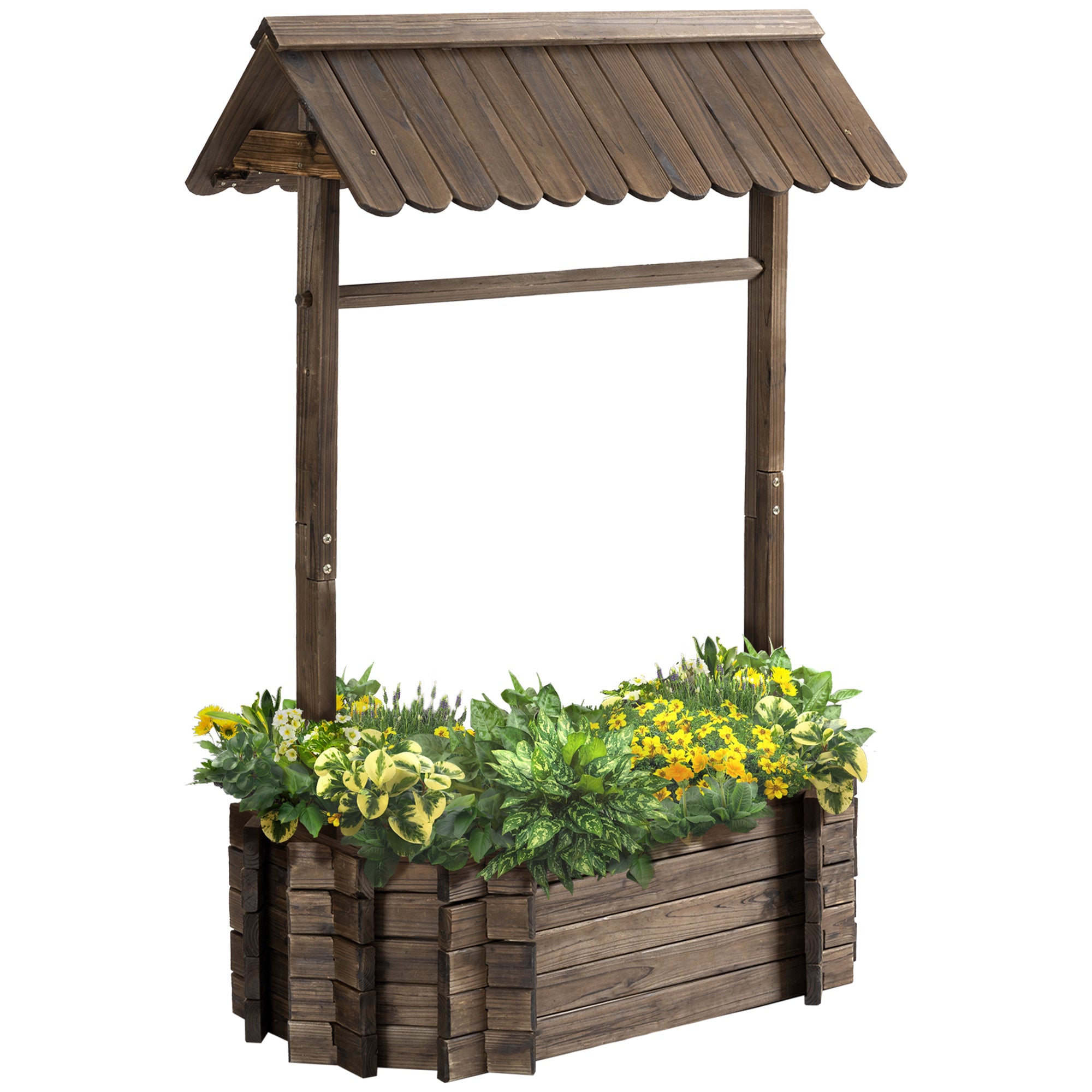 Wishing Well Planter, Wooden Raised Garden Bed, Ornamental Outdoor Flower Planter for Outdoor Garden, Yard, Lawn, and Home Decor - Rustic Brown
