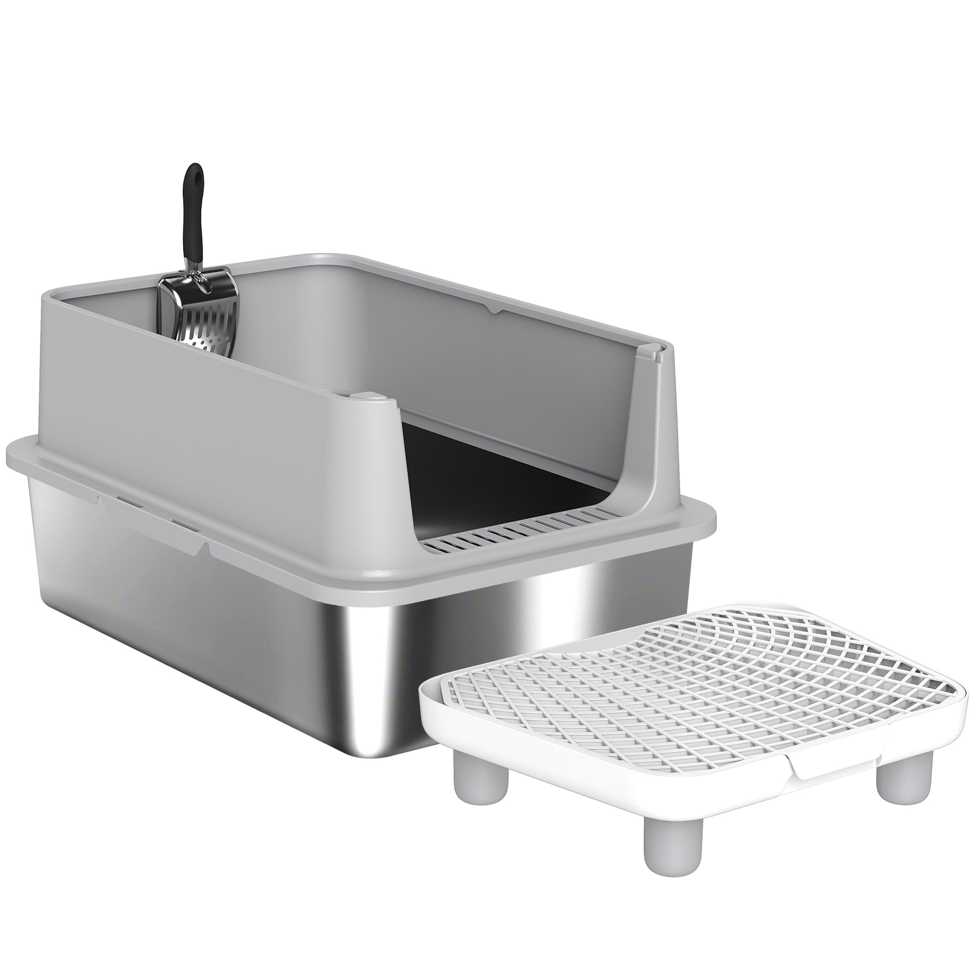 Extra Large Stainless Steel Cat Litter Box with Scoop & Pad, Anti-Urine Leakage, Easy Cleaning, Non-Sticky - Gray