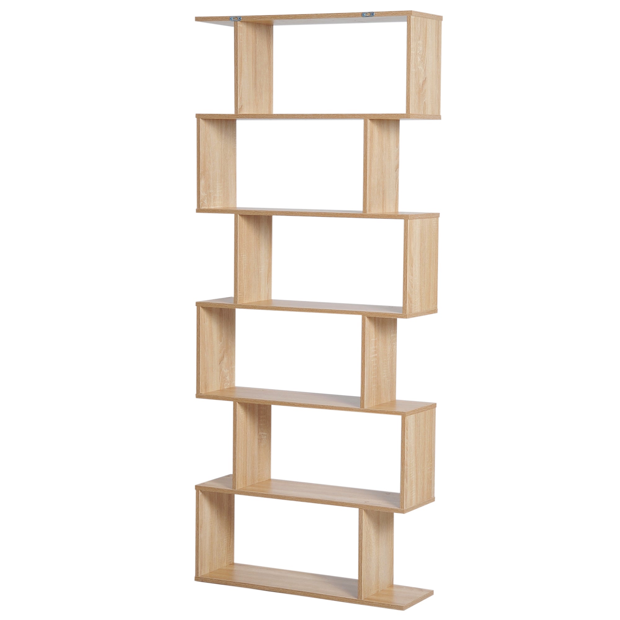 75.5" H Bookcase 6 Shelf S-Shaped Bookshelf Wooden Storage Display Stand Shelf Organizer Free Standing, Oak