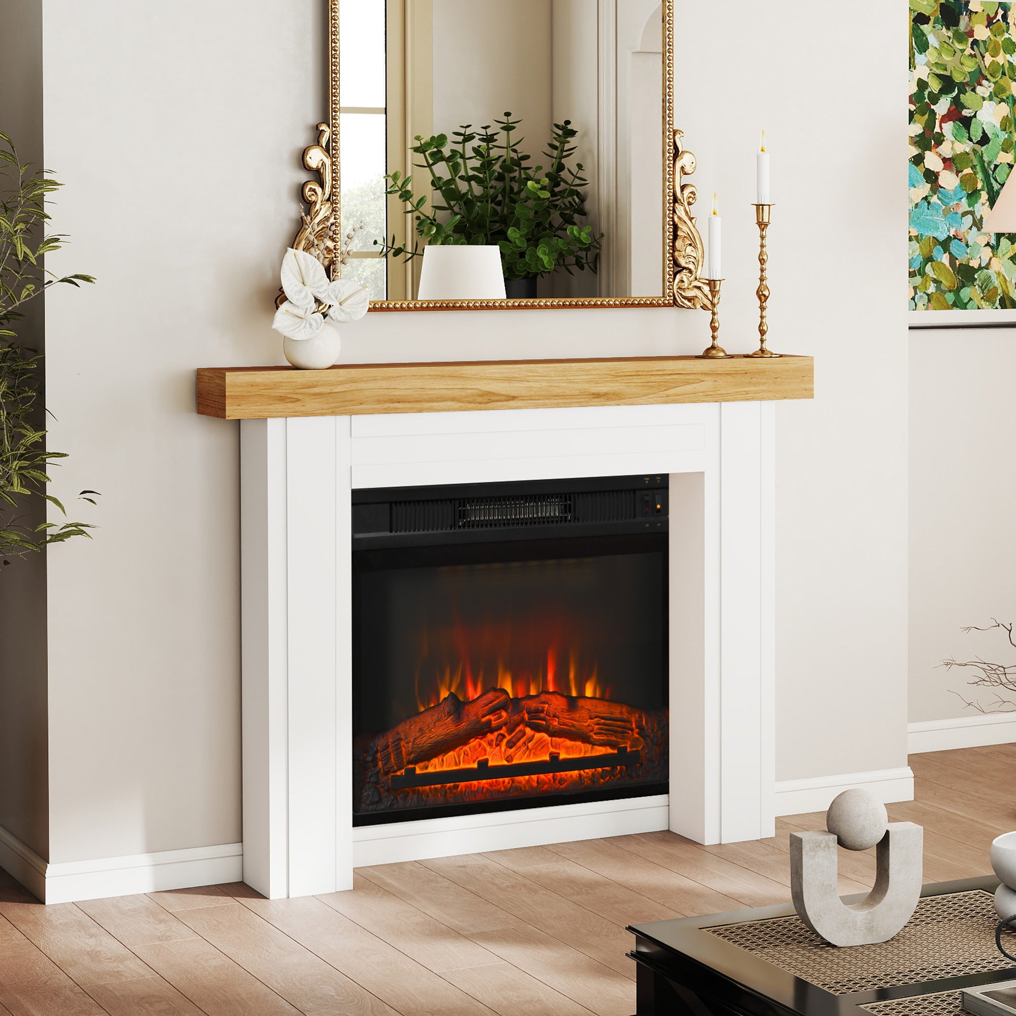 Modern Fireplace Mantel, Freestanding Fireplace Surround with Leg for Electric Fireplaces, 51.2" W x 40.6" H, Natural Wood
