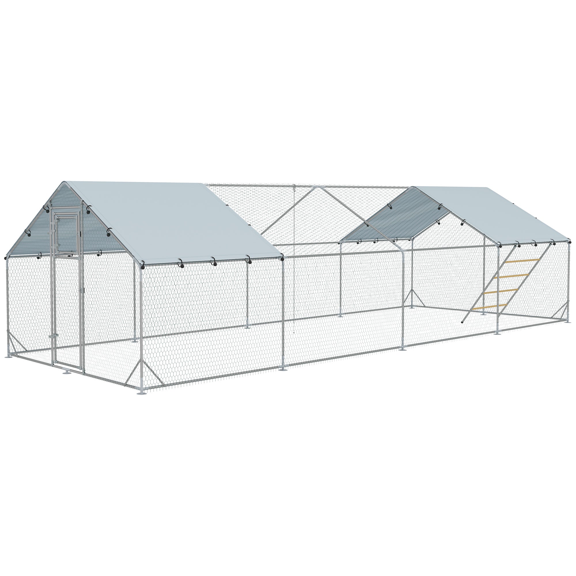 Metal Chicken Run w/ Waterproof & Anti-UV Cover, Feeding Door, Hanging Feeder, for 24-30 Chickens, 9.8' x 26.2' x 6.4' - Silver