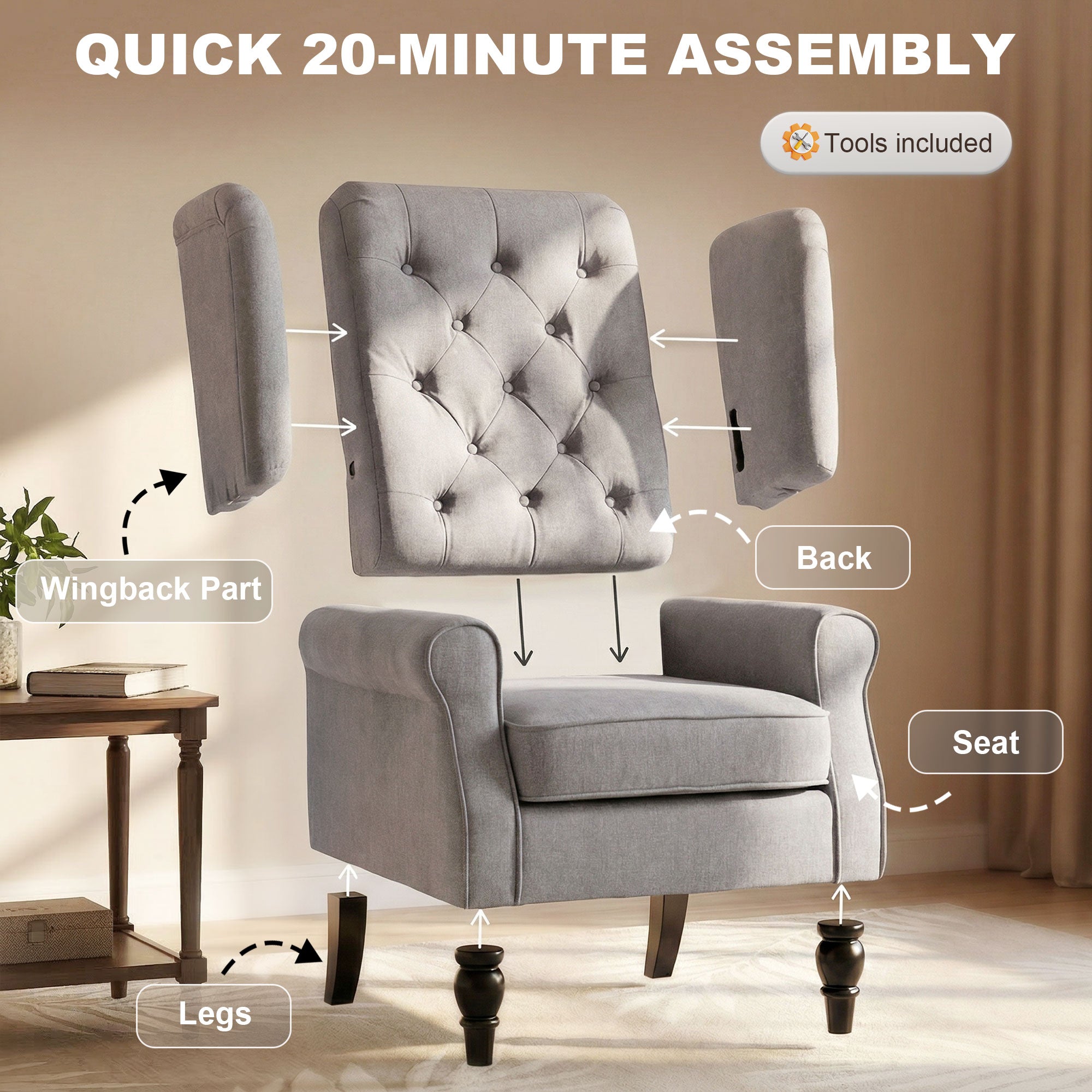 Mid-Century Modern Accent Chair, High Wingback Reading Chair, Button-Tufted Upholstered Fabric Armchair with Retro Wood Legs for Apartment, Living Room, Bedroom, Gray