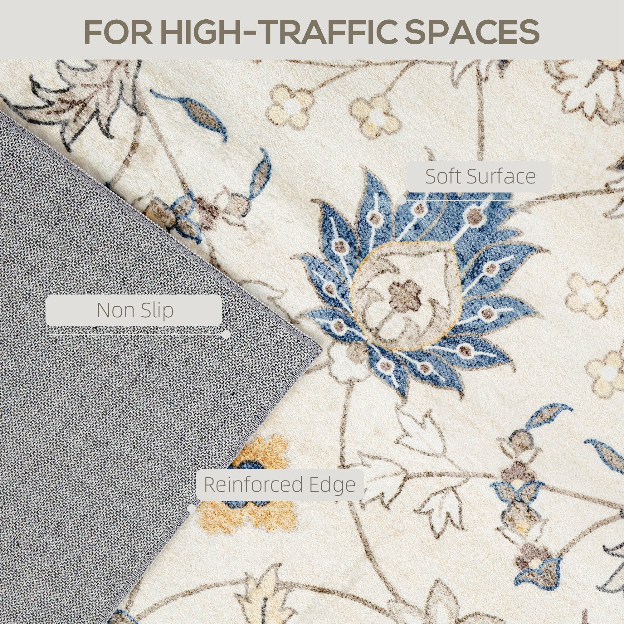 Machine Washable Area Rug 8x10, Non-Slip Boho Floral Print Floor Carpet for Living Room, Bedroom, Dining Room, Blue