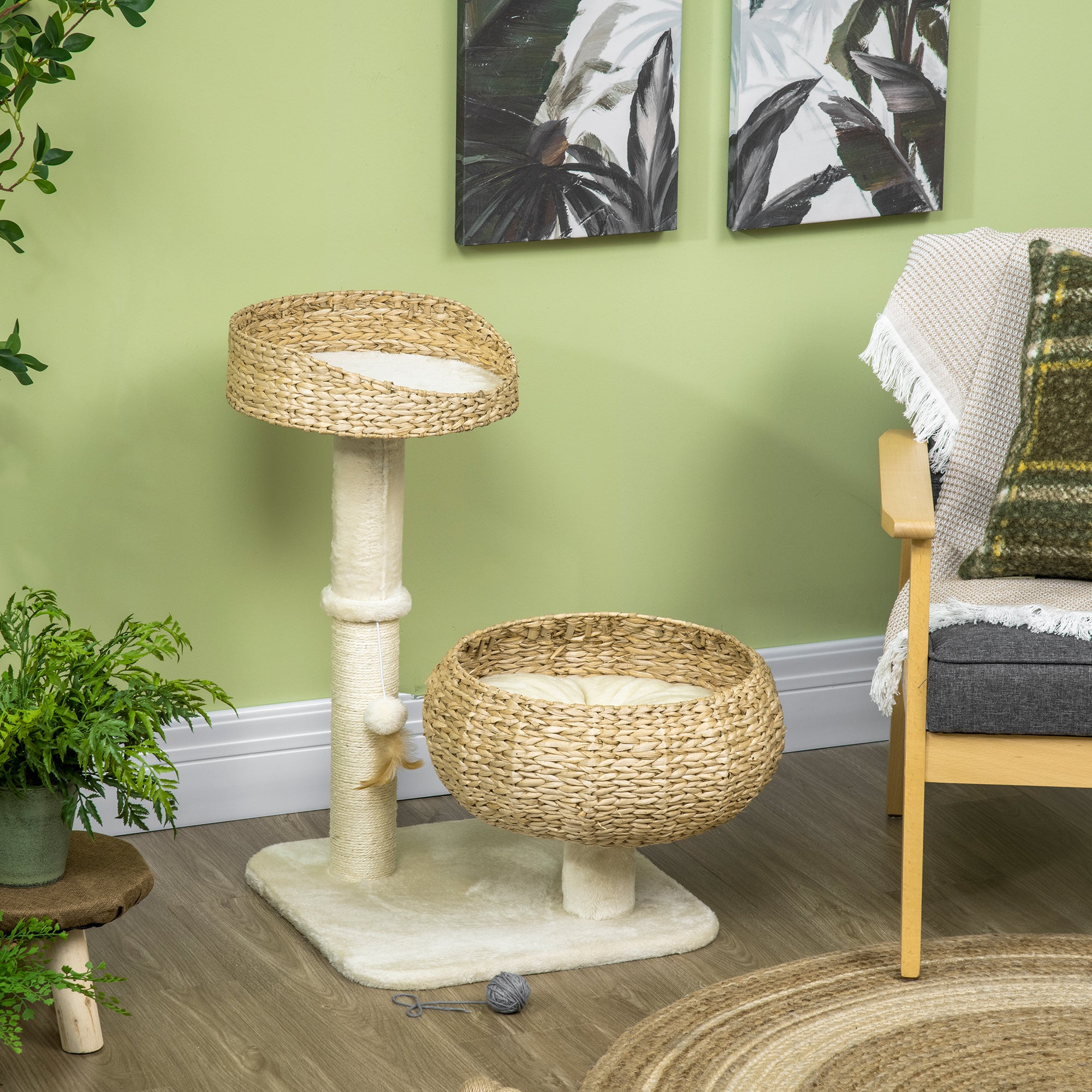 28" Elevated Cat Bed with Sisal Scratching Post for Indoor Kitties, Modern Cat Tree with Cute Basket Design, Small Cat Tree with Fun Ball Toy - Beige - Image 7