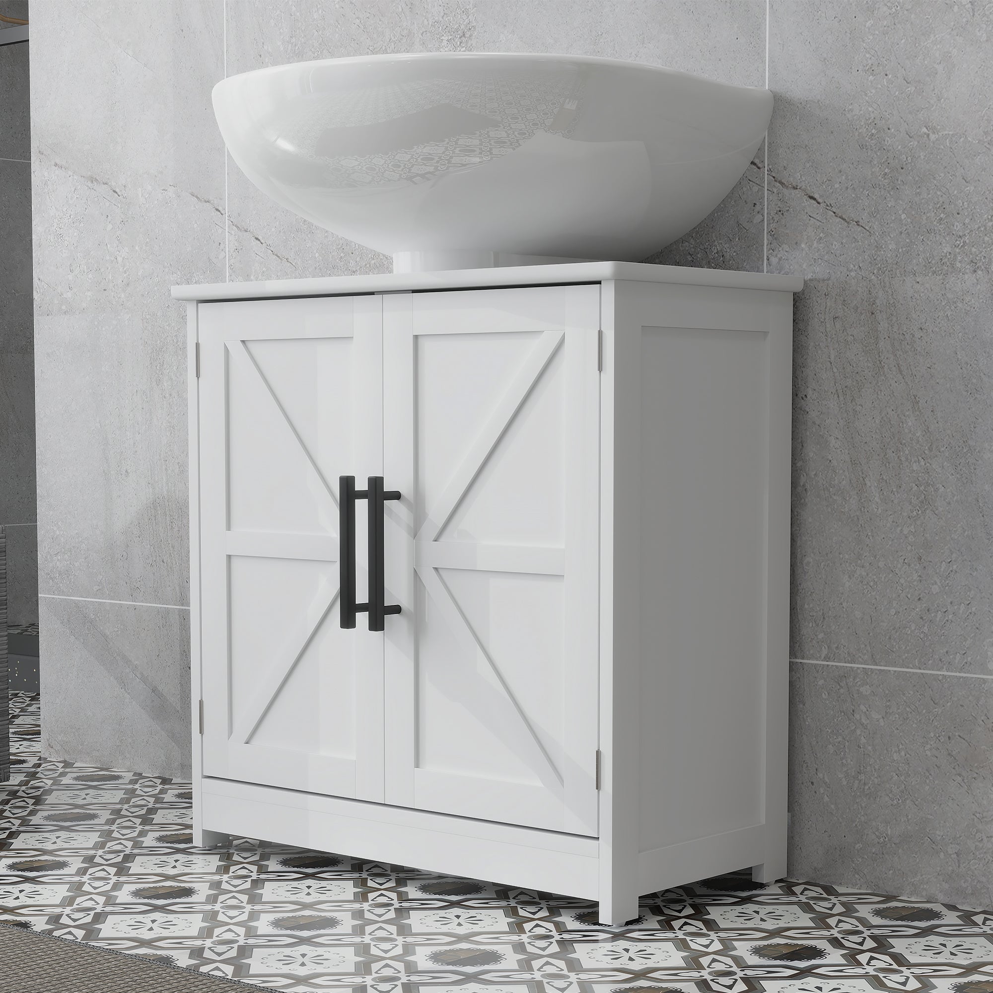 Farmhouse Pedestal Sink Storage Cabinet, Bathroom Sink Cabinet with 2 Barn Doors and Adjustable Shelf, White