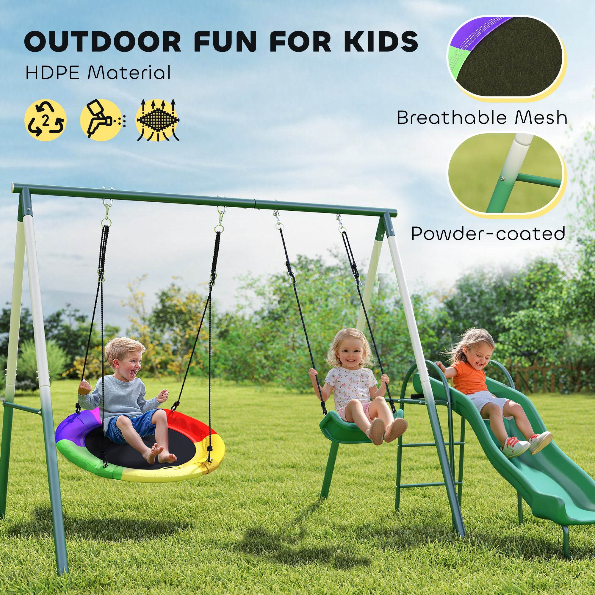 Metal Swing Set with Slide, Saucer Swing Seat, Heavy Duty A-Frame Stand and Adjustable Rope for Backyard, Dark Green