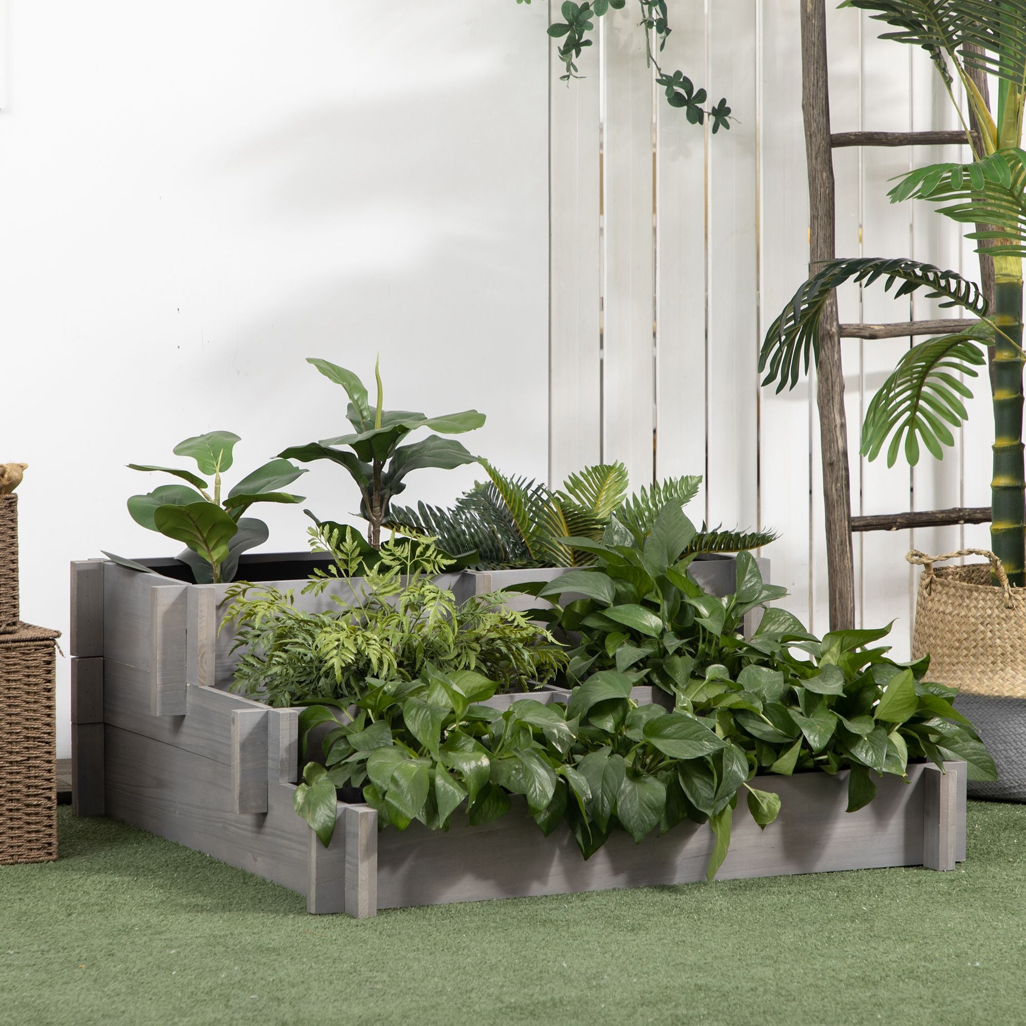 3 Tier Raised Garden Bed, Water Draining Fabric for Soil, Elevated Wood Flower Box for Vegetables, Herbs, Gray - Gray - Image 2