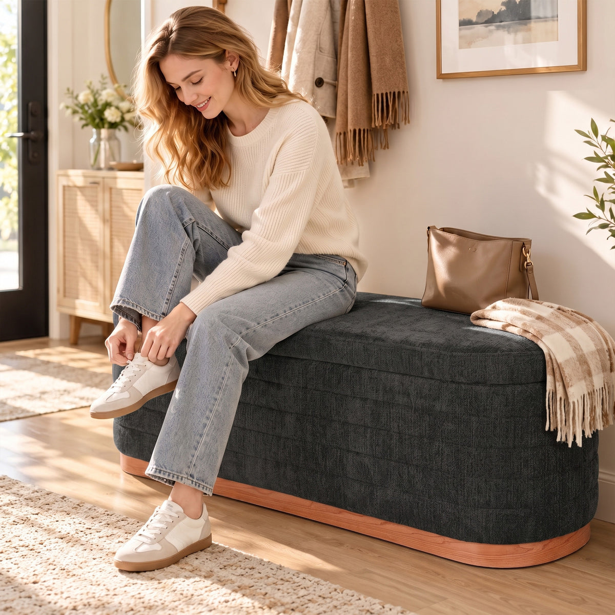Storage Ottoman Bench Oval Chenille Upholstered Ottoman with Storage Chest, Dark Gray
