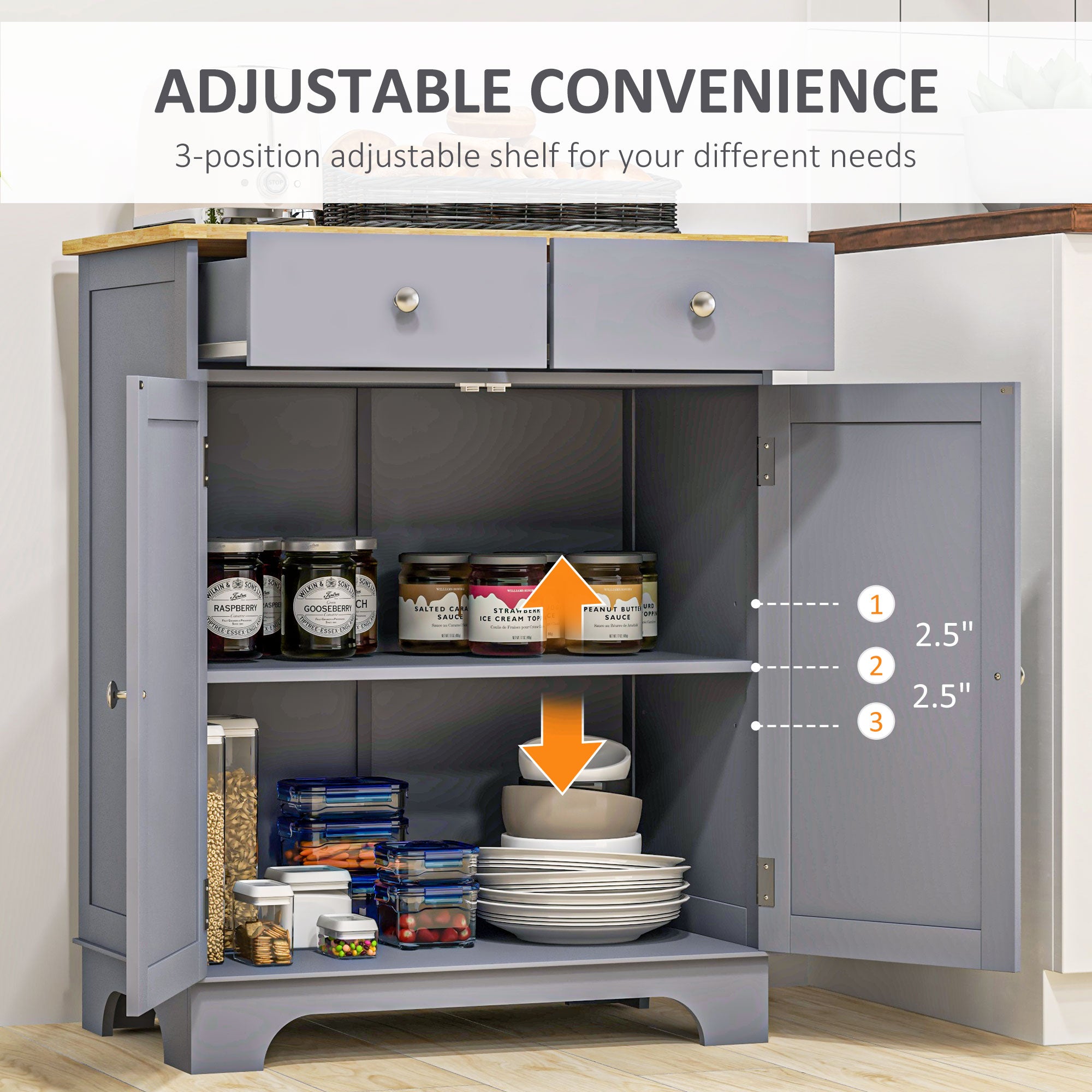 Kitchen Storage Cabinet, Sideboard Floor Cupboard with Solid Wood Top, Adjustable Shelf, and 2 Drawers, Gray