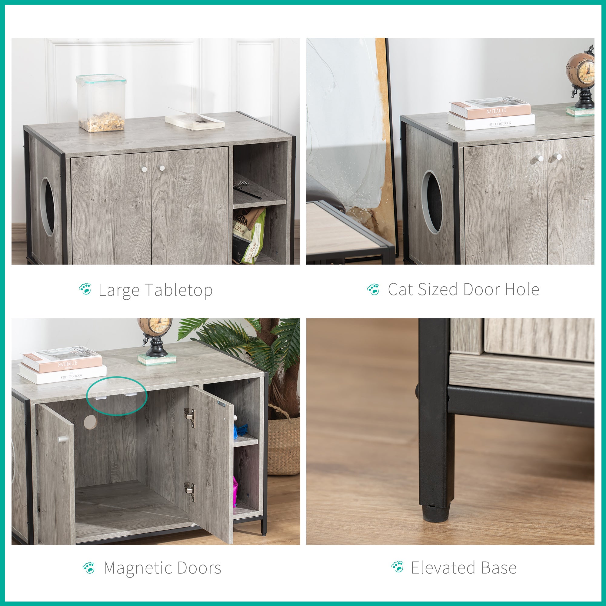 Large Wooden & Steel Cat Litter Box Enclosure, Kitten Washroom End Table, Indoor Hidden Cat House with Magnetic Doors & Storage Shelves, Gray - Grey - Image 6