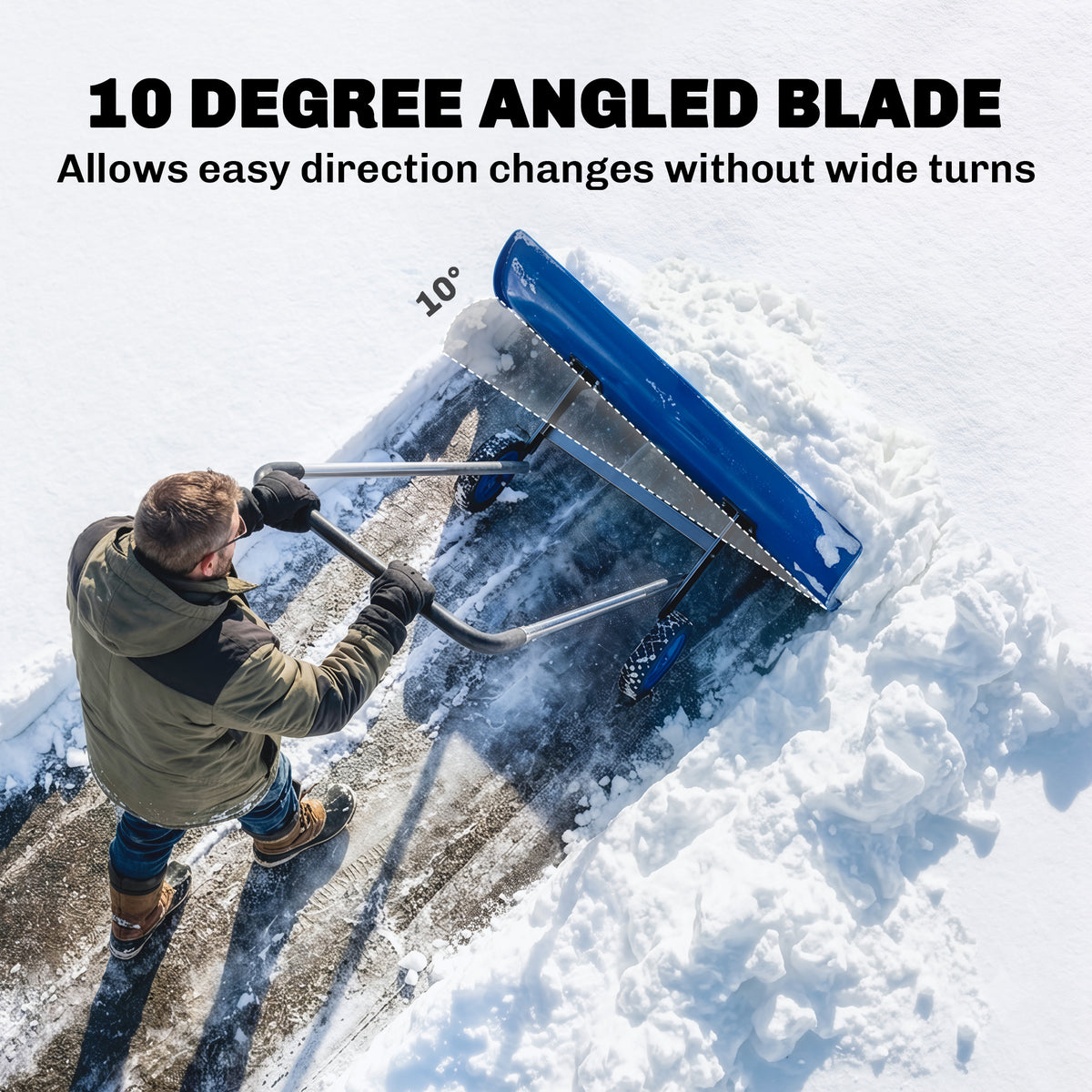 37-Inch Extra Wide Snow Shovel with Wheels, Heavy Duty Aluminum Snow Pusher with Ergonomic Adjustable Handle, Blue