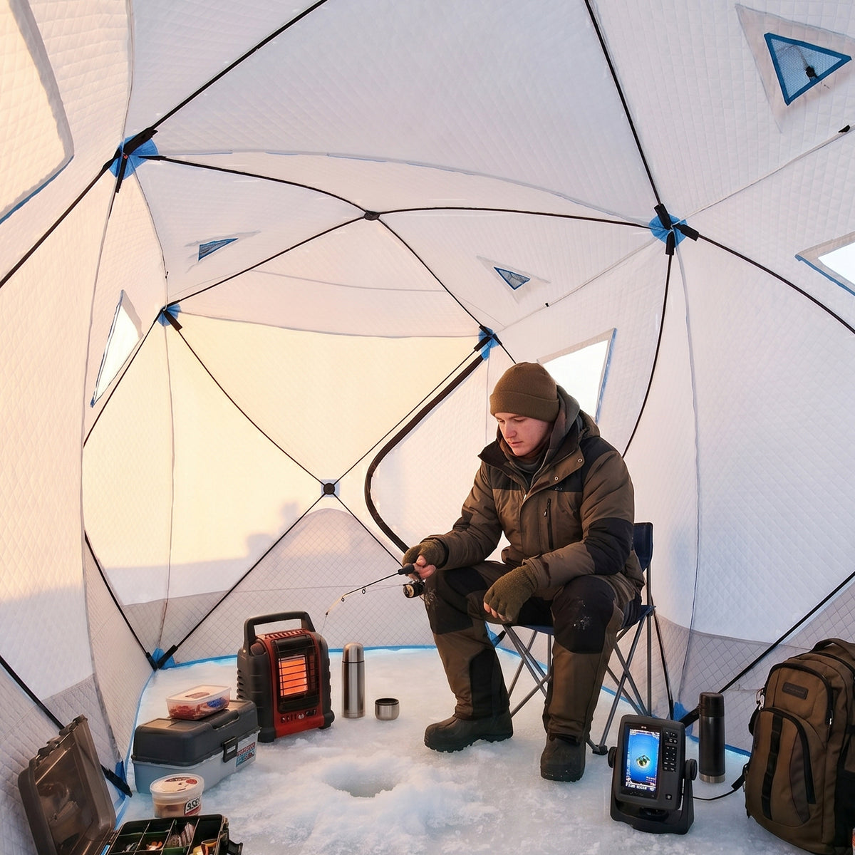 8 Person Ice Fishing Shelter, Pop-Up Ice Shanty Tent, Insulated Portable Tent with 2 Doors & Carrying Bag, Light Blue