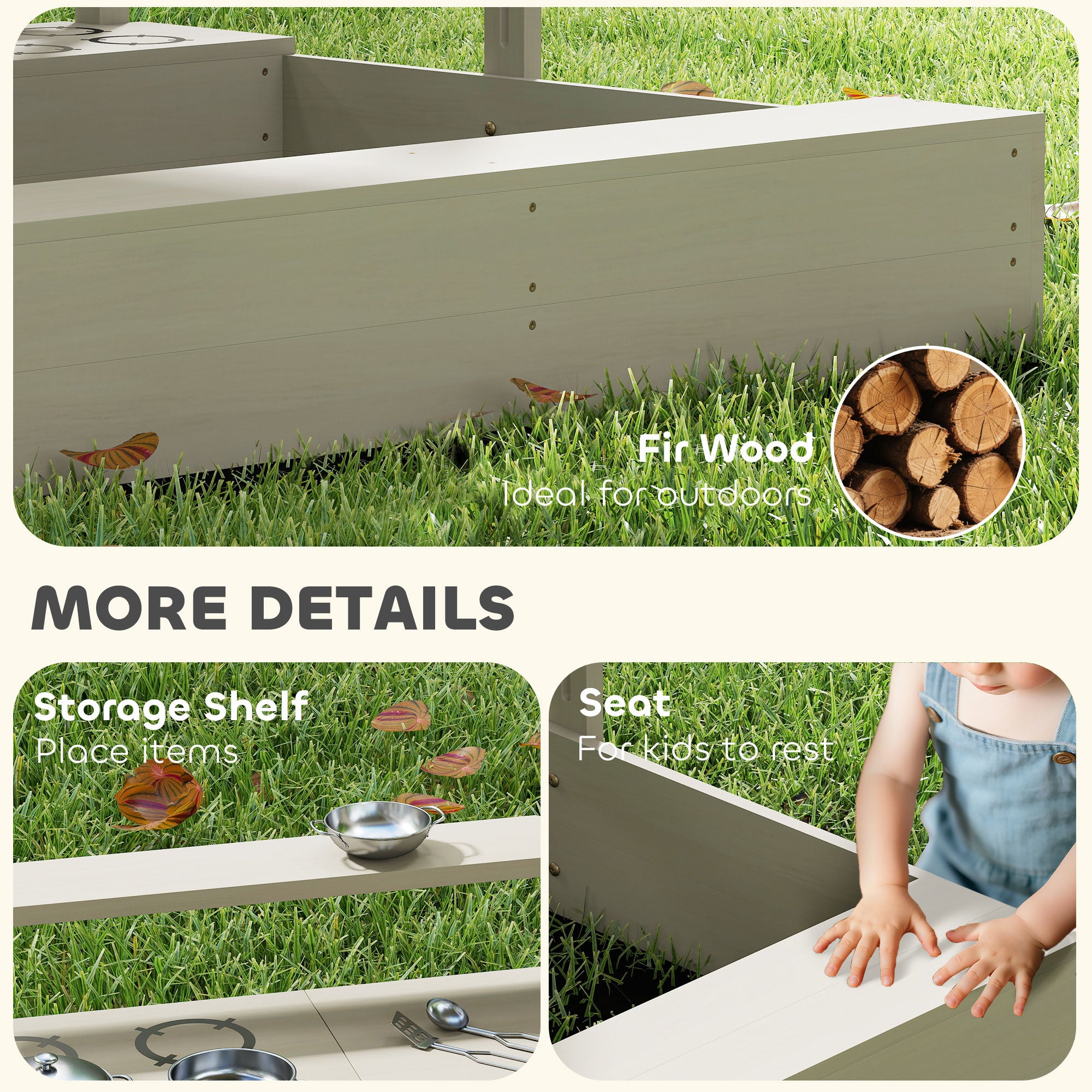 Kids Sandbox with Height Adjustable Canopy, Wooden Sandbox Backyard Toy with Kitchen Playset Accessories, Outdoor Activity Gift for Girls and Boys, Ages 3-7