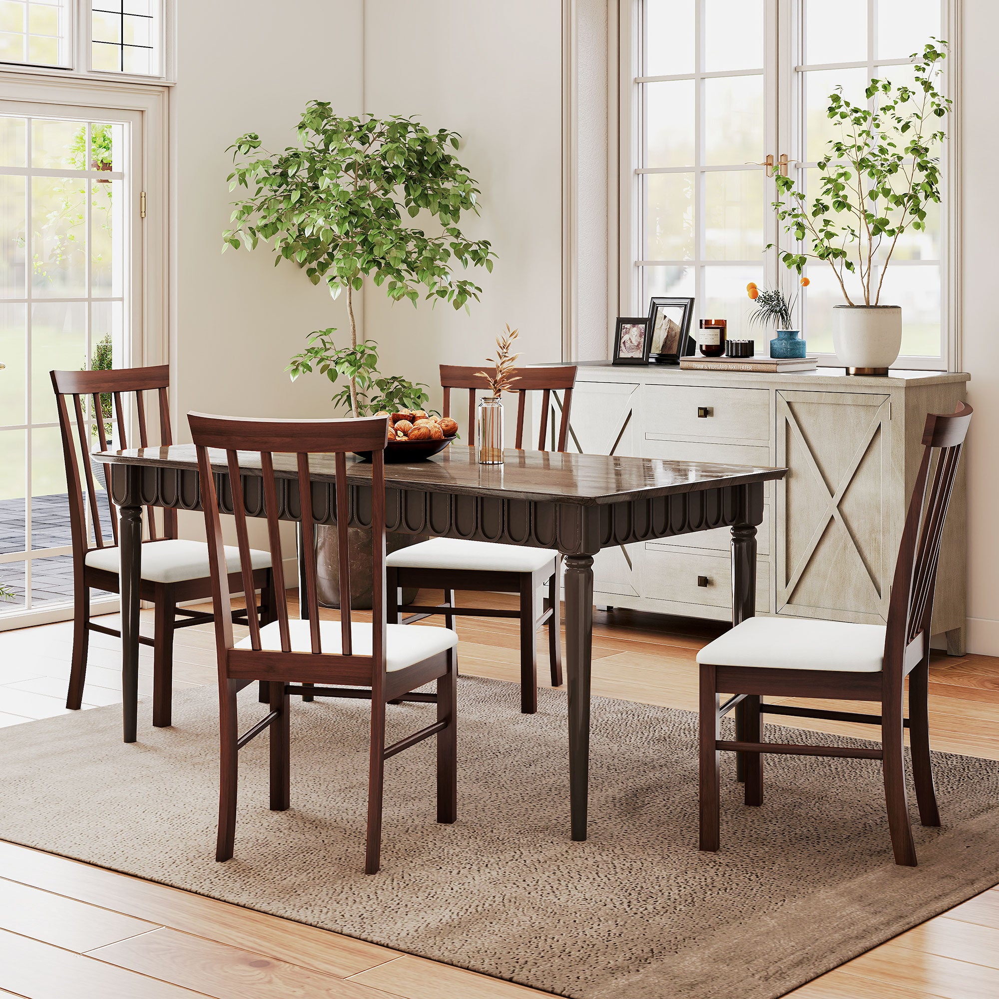 Wooden Dining Chairs Set of 4, Farmhouse Upholstered Kitchen Chairs with Rubber Wood Frame, Dark Brown and Beige