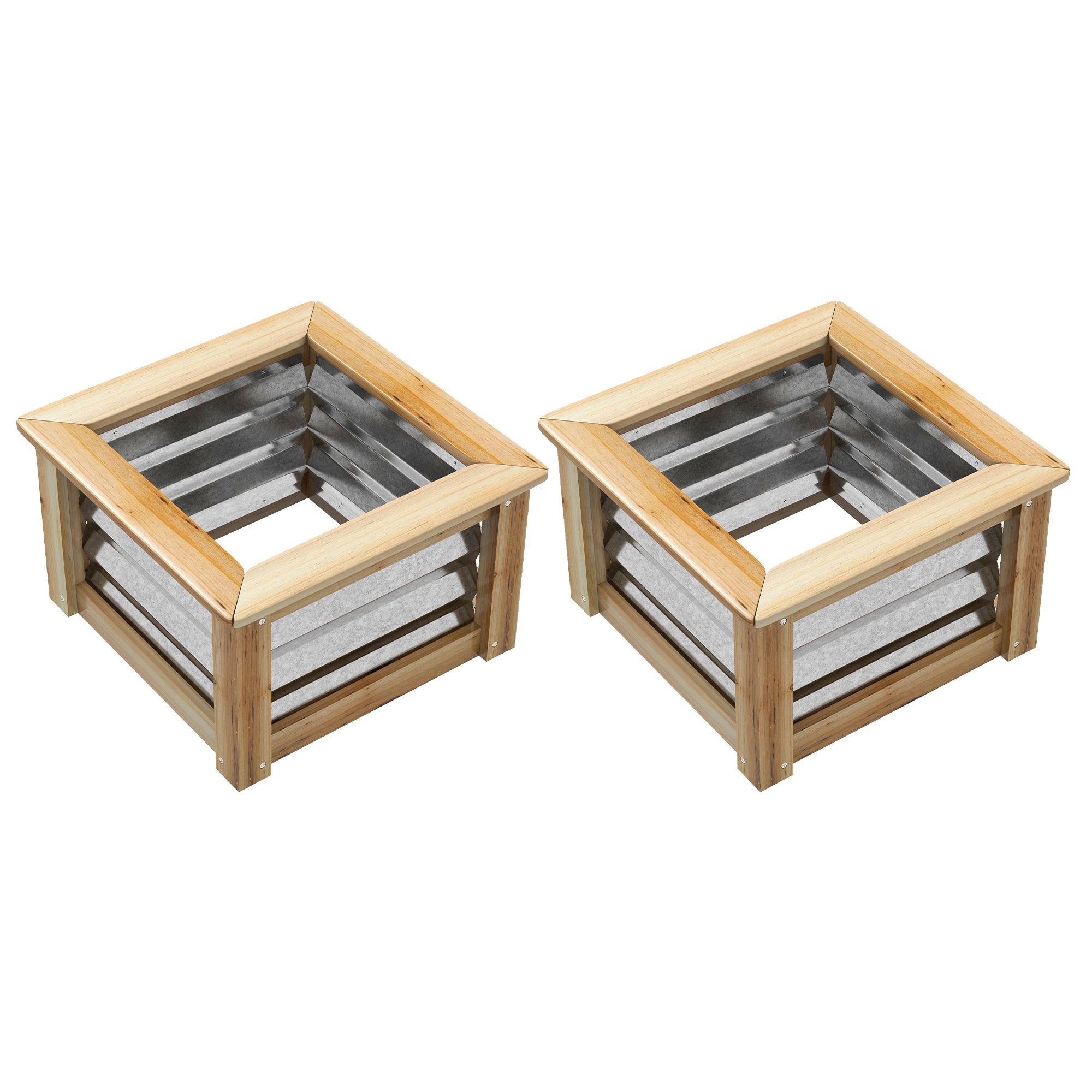 Raised Garden Beds Set of 2, Metal and Wood Combined Planter Box, for Growing Flowers, Herbs and Vegetables - Natural, Silver