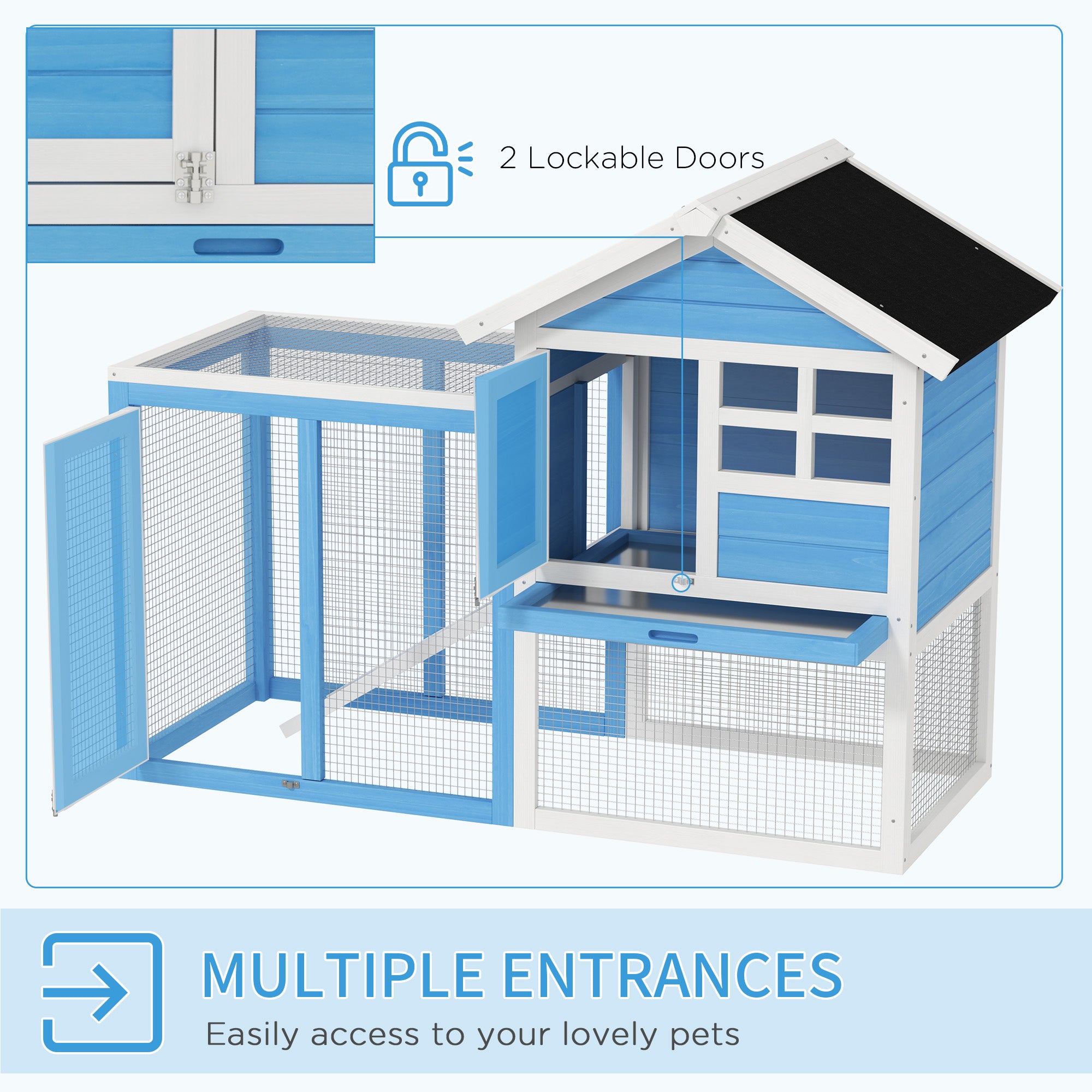 48" Wooden Rabbit Hutch Bunny Cage with Waterproof Asphalt Roof, Fun Outdoor Run, Removable Tray and Ramp, for Rabbits, Chickens, Ducks, Light Blue - Sky Blue - Image 5