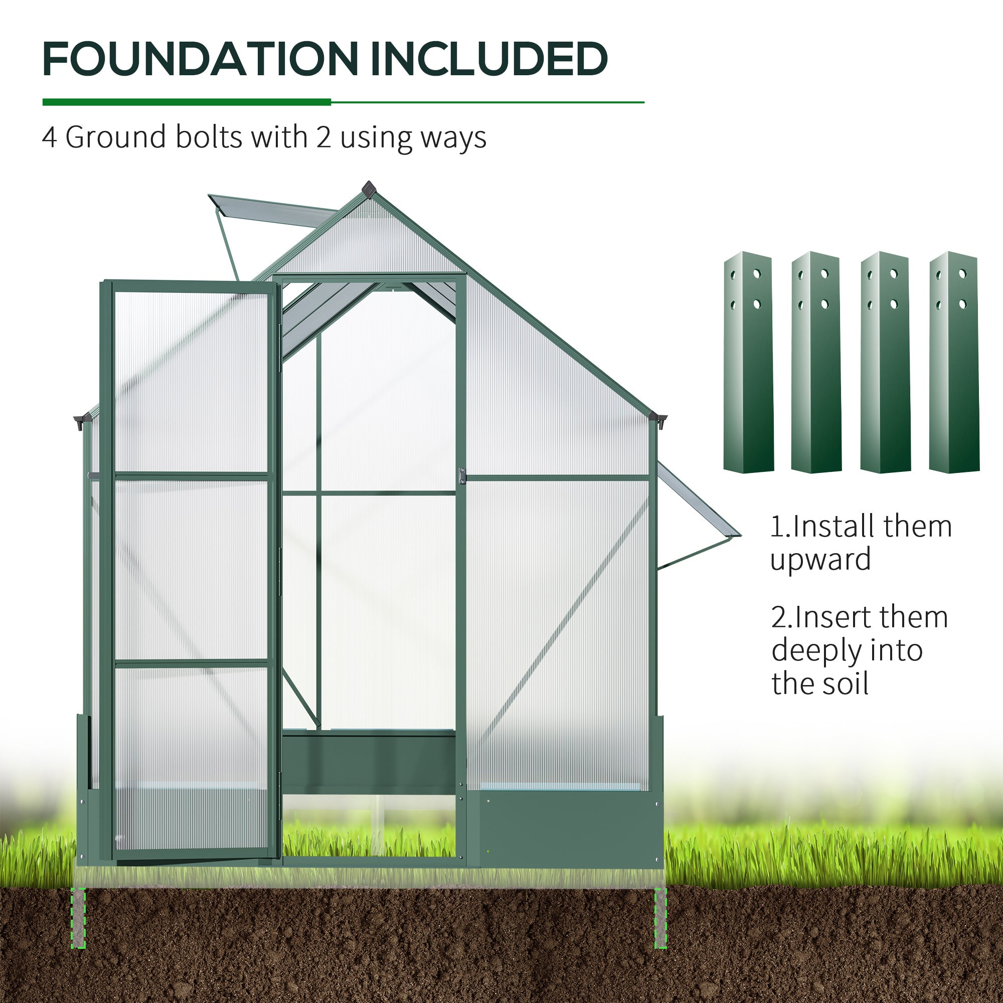 8' x 6' Greenhouse for Outdoors, Polycarbonate Greenhouse with Roof Vent and Rain Gutter, Aluminum Walk-in Green House for Outside for Patio Backyard Garden, Green - Transparent, green - Image 7