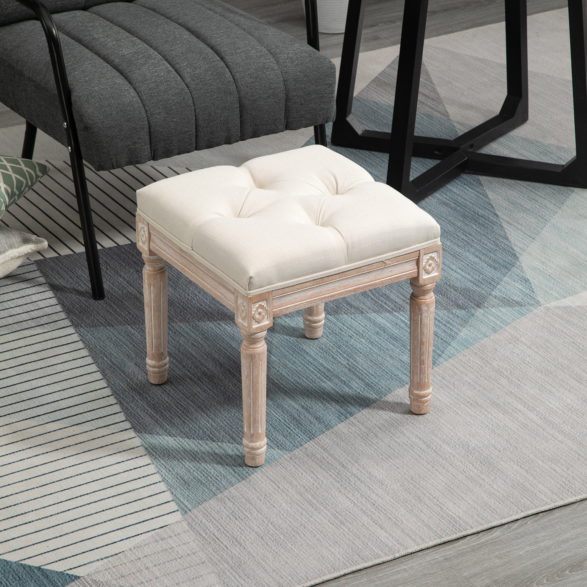 Ottoman Bench Vintage Footrest w/ Button Tufted Seat, Carved Wooden Legs, Beige
