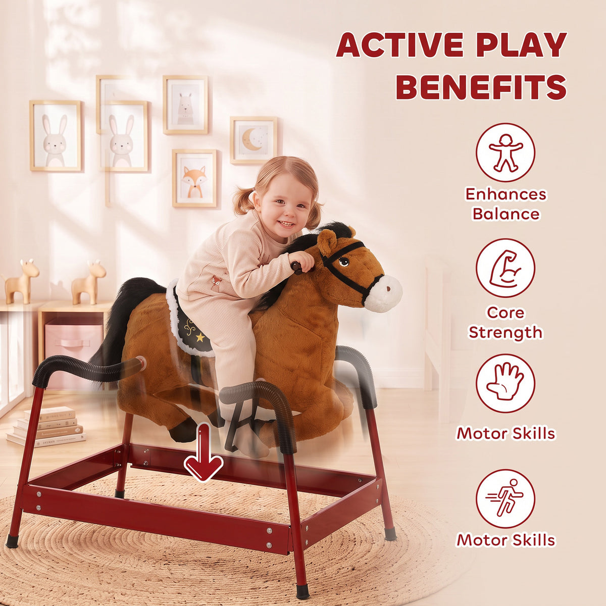 Kids Spring Rocking Horse, Ride on Horse with Neighing Sounds, Plush Animal Ride on Toy for Ages 3+ Years, Brown
