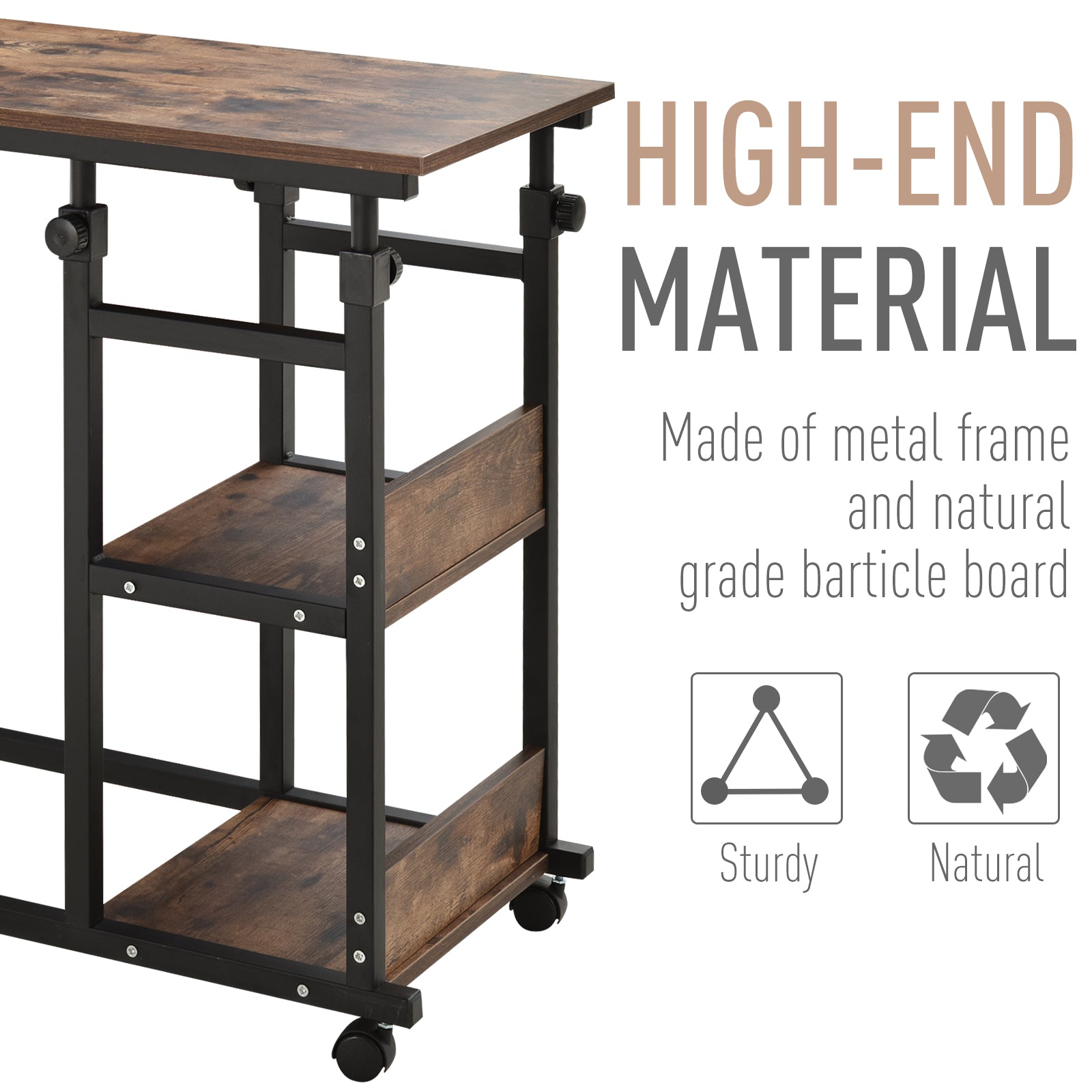 Industrial C-Shaped Mobile Rolling Sofa Side Table with 3-Tier Storage Shelving, Adjustable Height, & Wheels