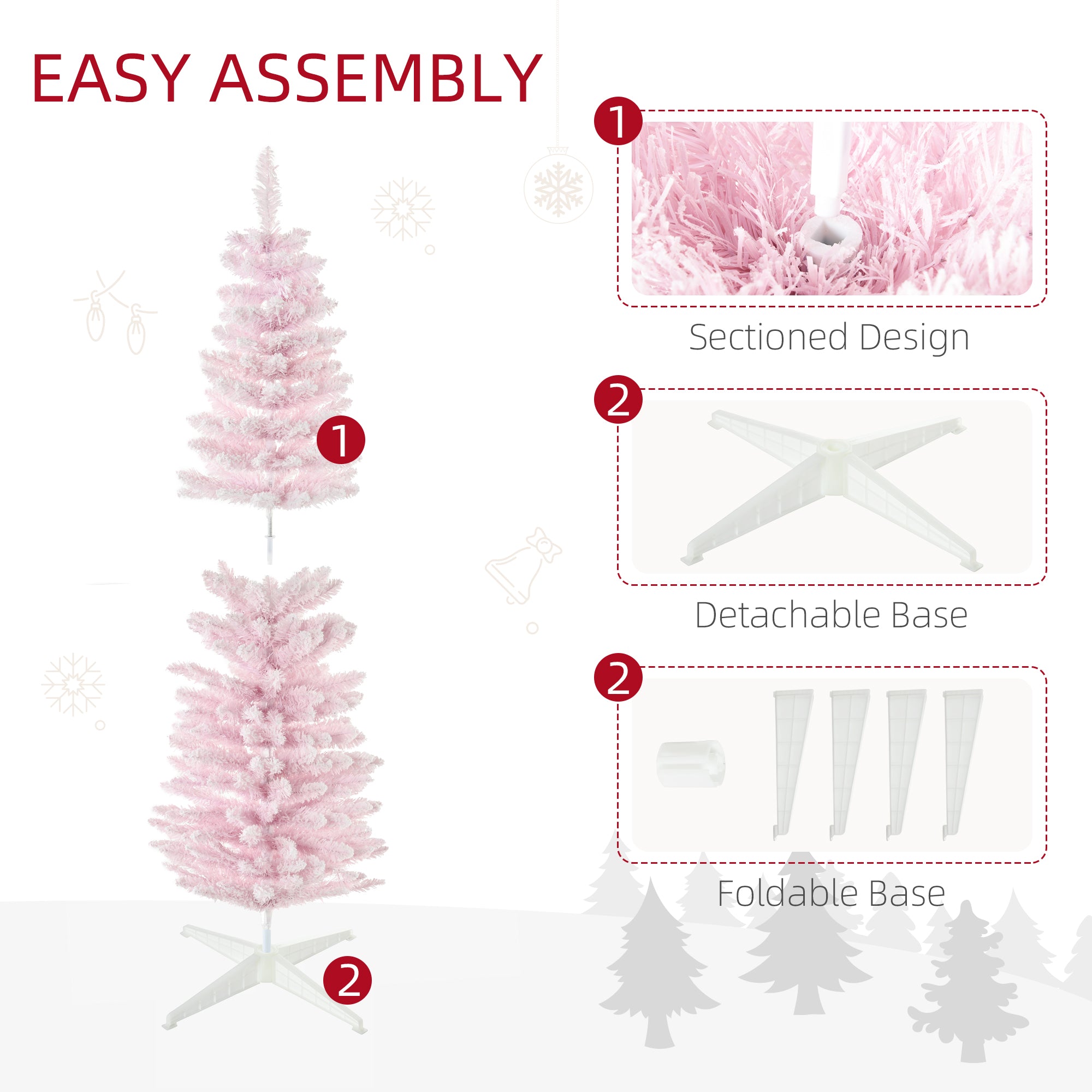 5' Decorated Christmas Tree Snow Flocked Artificial Christmas Tree with Pencil Shape, Realistic Branches, Pink
