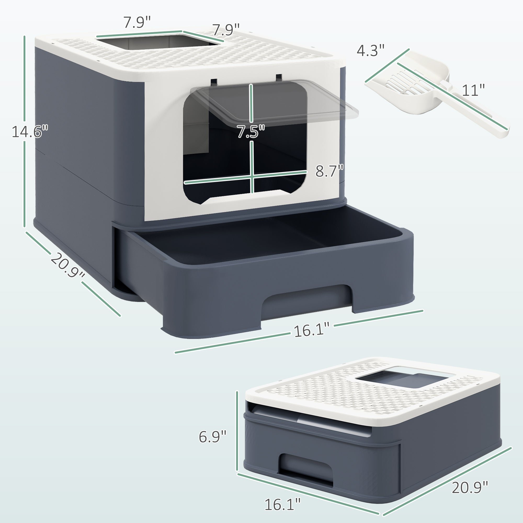 Cat Litter Box with Lid, Scoop, Front Entry, and Top Exit for Large Cats, White - White - Image 3