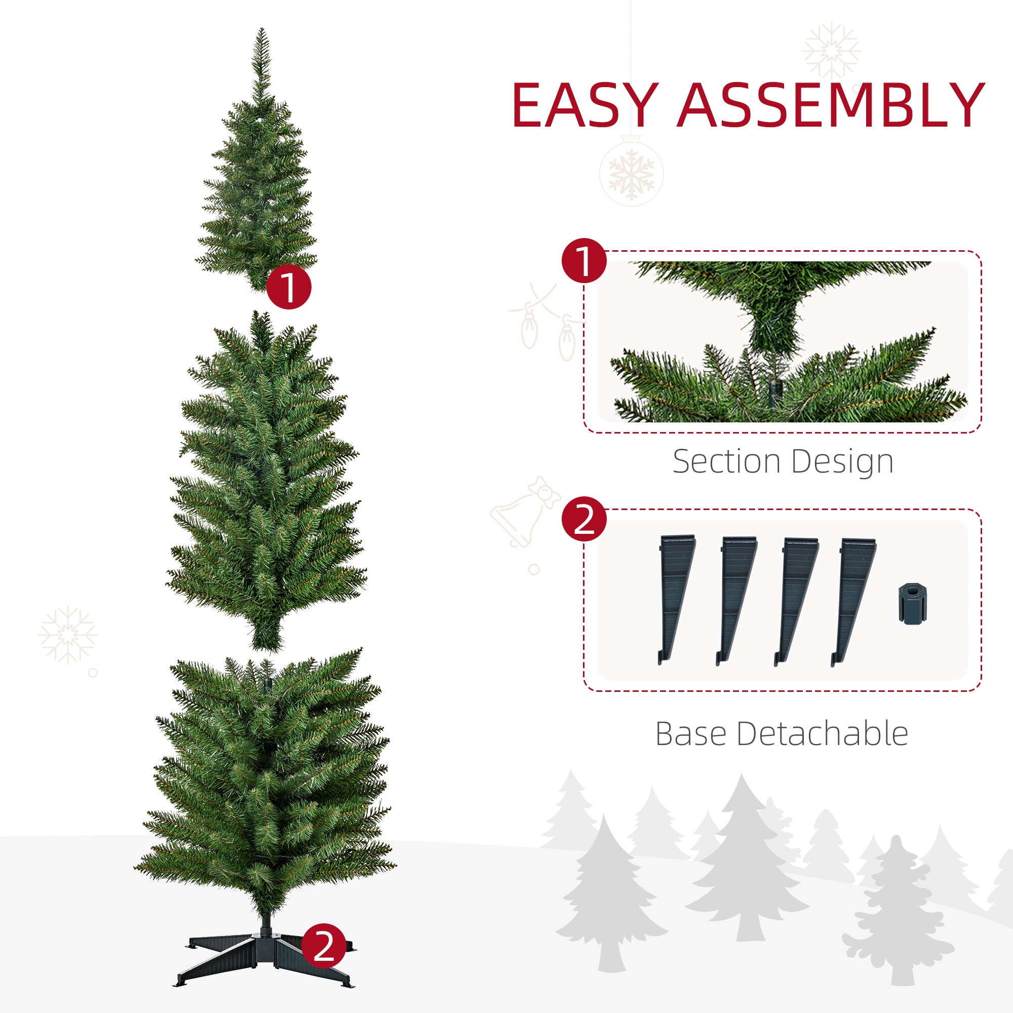 6' Tall Pre-Lit Slim Noble Fir Artificial Pencil Christmas Tree with 200 Warm White LED Lights and 390 Tips, for Christmas Decoration, Green
