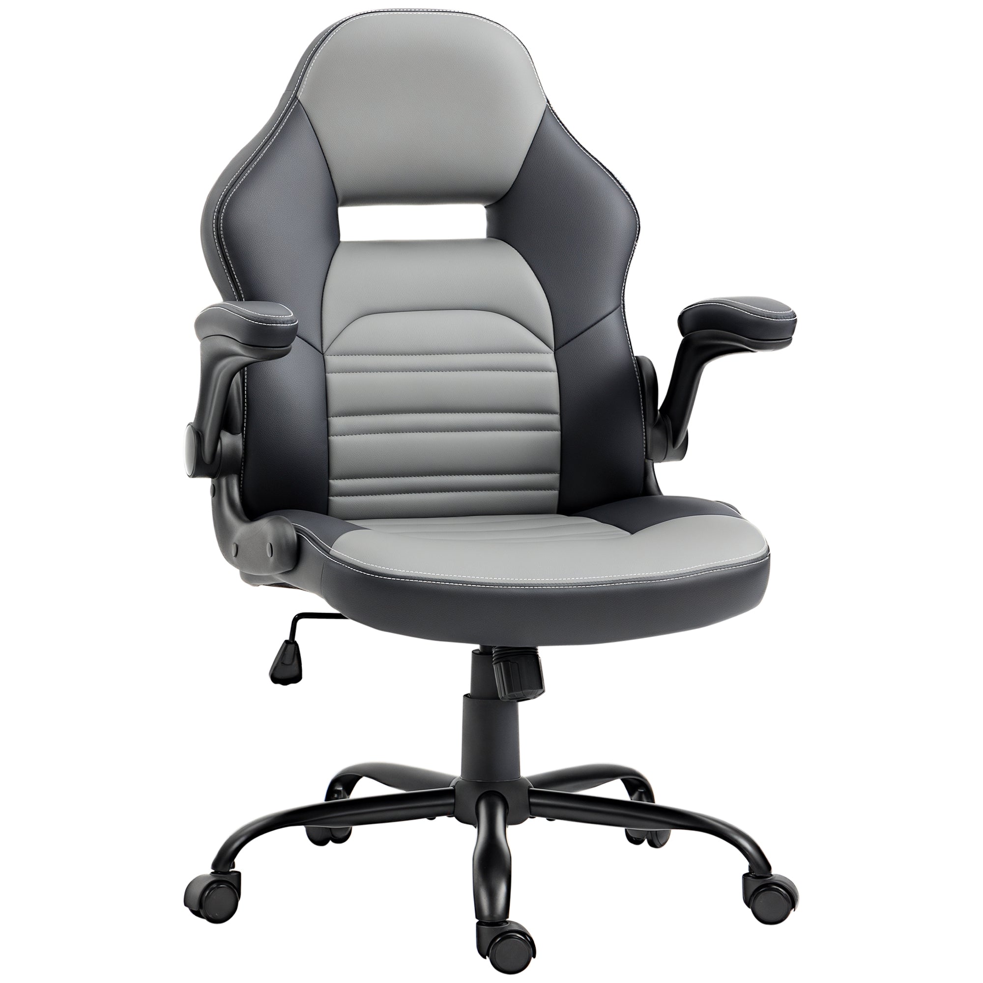 PU Leather Gaming Chair with Flip-up Armrests, Racing Style Computer Chair, Height Adjustable Home Office Chair with Swivel Wheels and Tilt Function, Gray