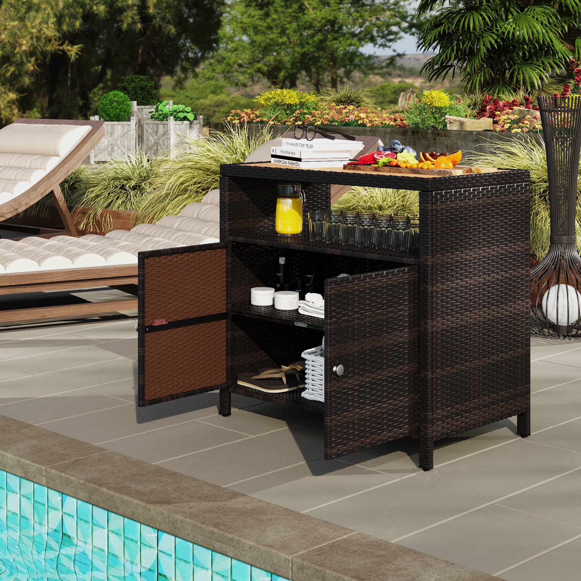 Outdoor Storage Cabinet with Acacia Wood Top, Two Doors, Shelf, Wicker Bar Table for Pool Towel Storage, Brown - Brown - Image 8