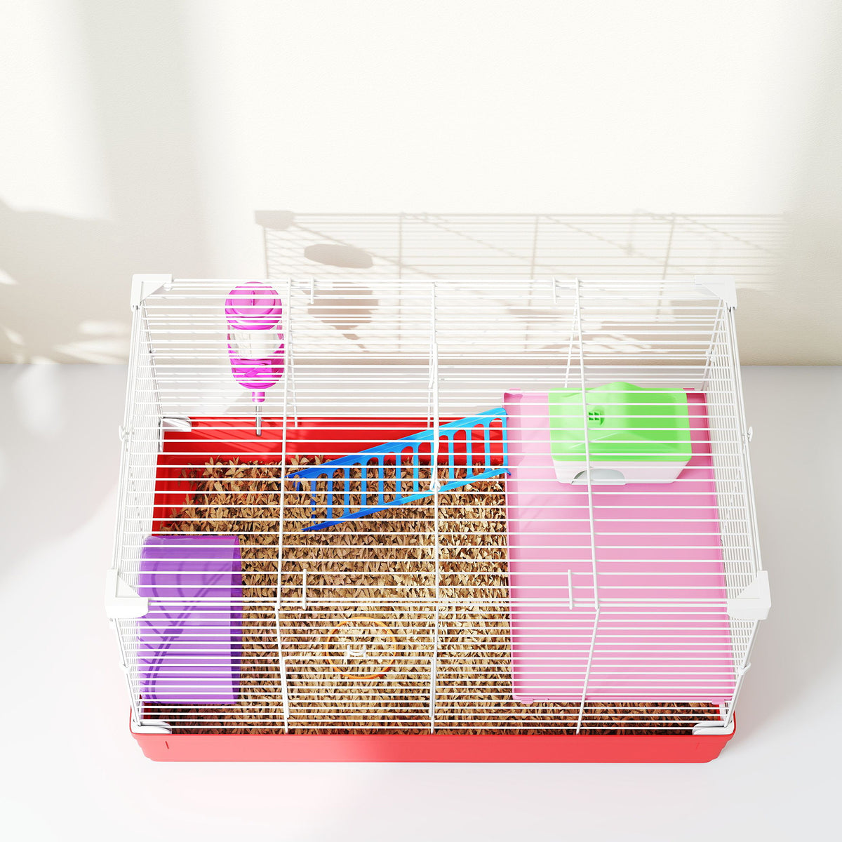 18.5" Hamster Cage with Exercise Wheel and Water Bottle, Dish, Rat House and Habitat 2-Story Design, Red