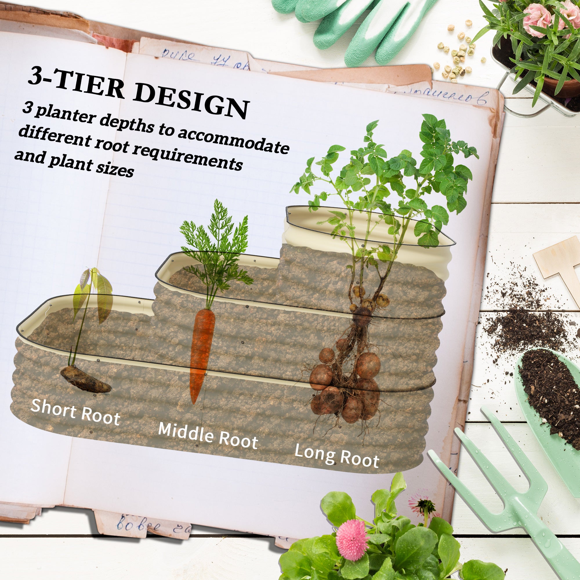 3-Tier Raised Garden Bed Set w/ Safety Edging, Open Bottom for Vegetables, Herbs, Flowers, 62.25" x 43" x 32.25", Cream - Cream White - Image 4