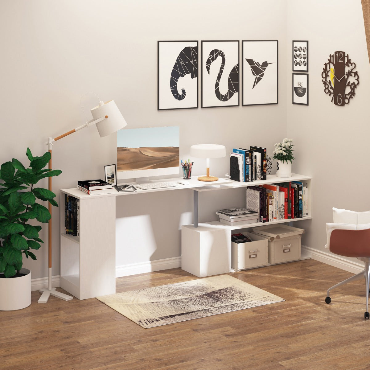 55" 360° Rotating Corner Computer Desk Modern L-Shaped Home Office Workstation with 3-Tier Storage Shelves, Bookshelf, White