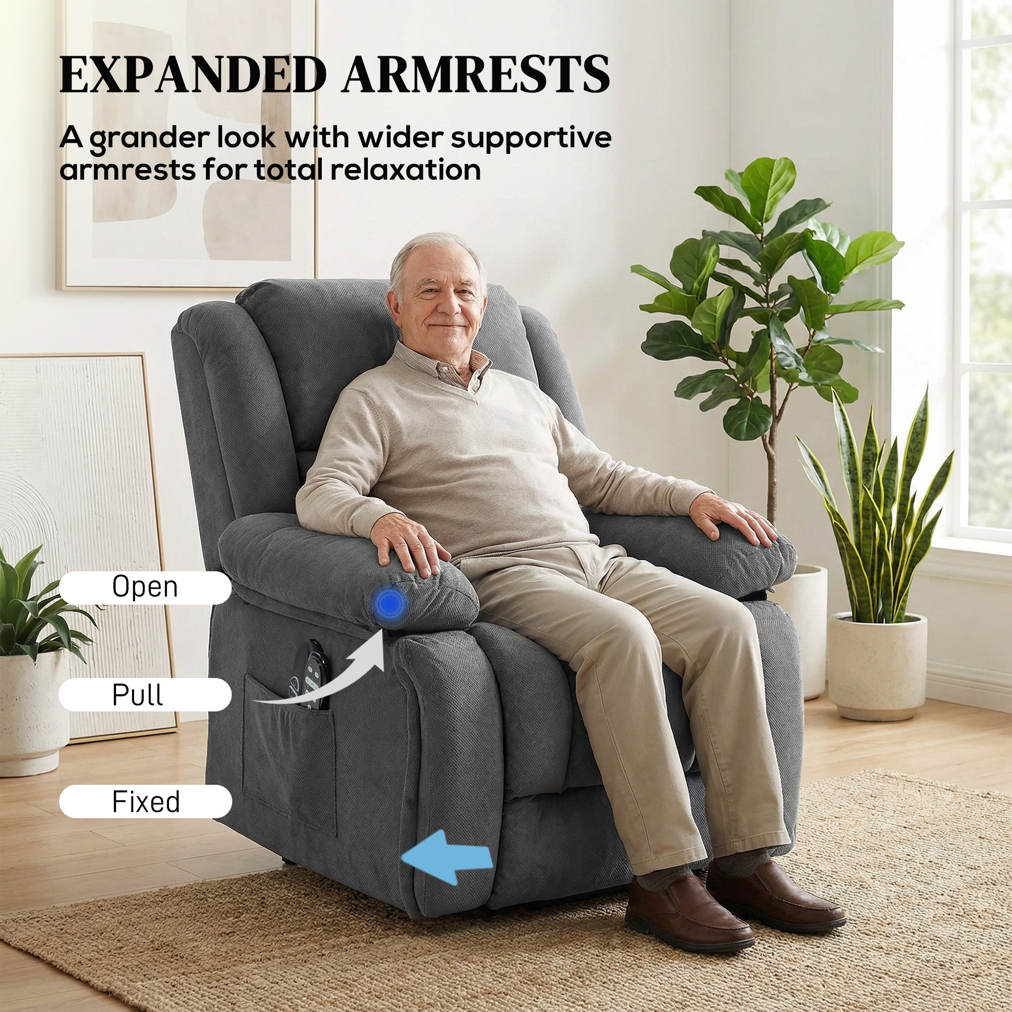 Overstuffed Power Lift Recliner Chair with Vibration Massage and Heat, Side Pockets, Pocket Spring, for Adults, Gray