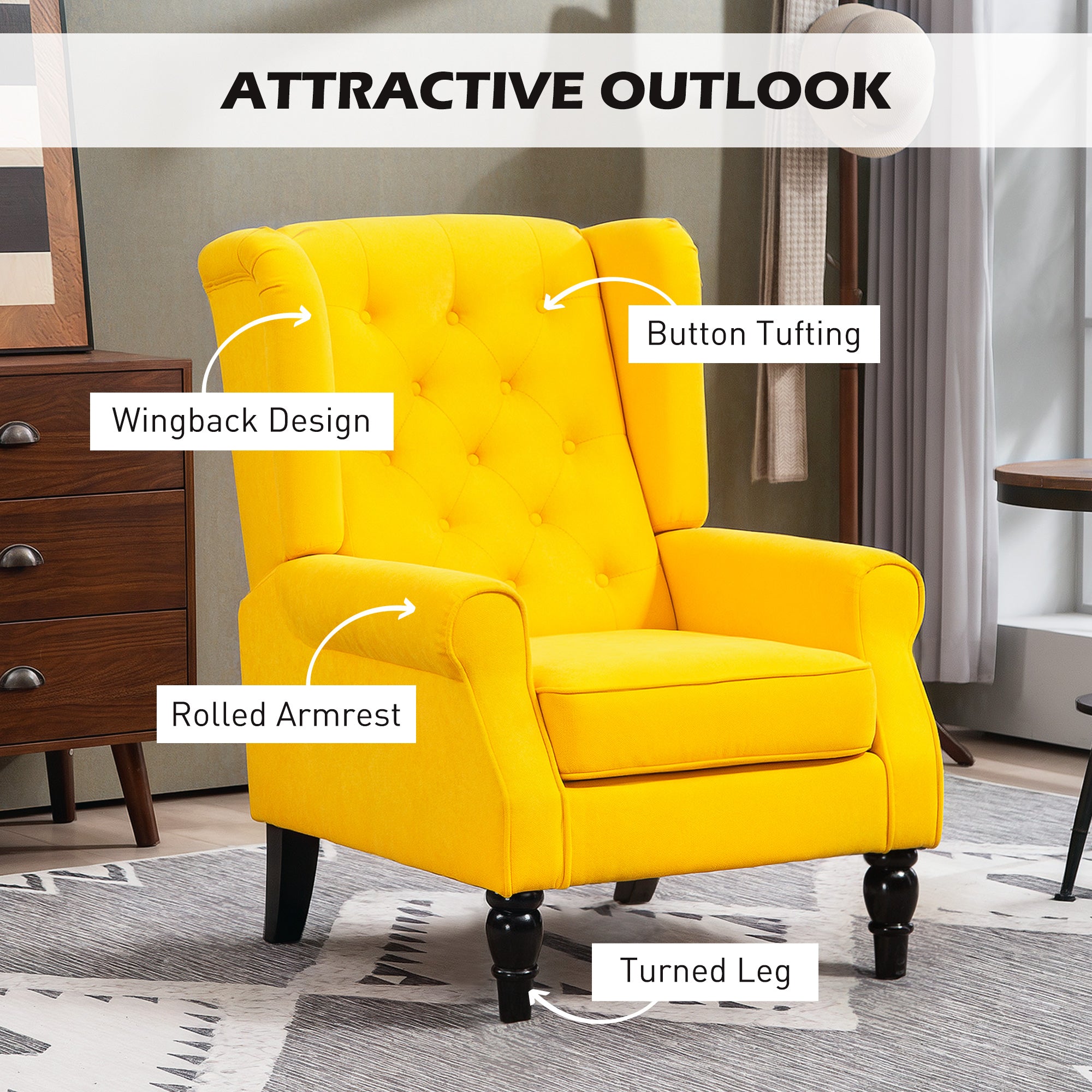 Wingback Accent Chair for Living Room, Button-Tufted Lounge Chair with Round Armrests and Wood Legs, Yellow