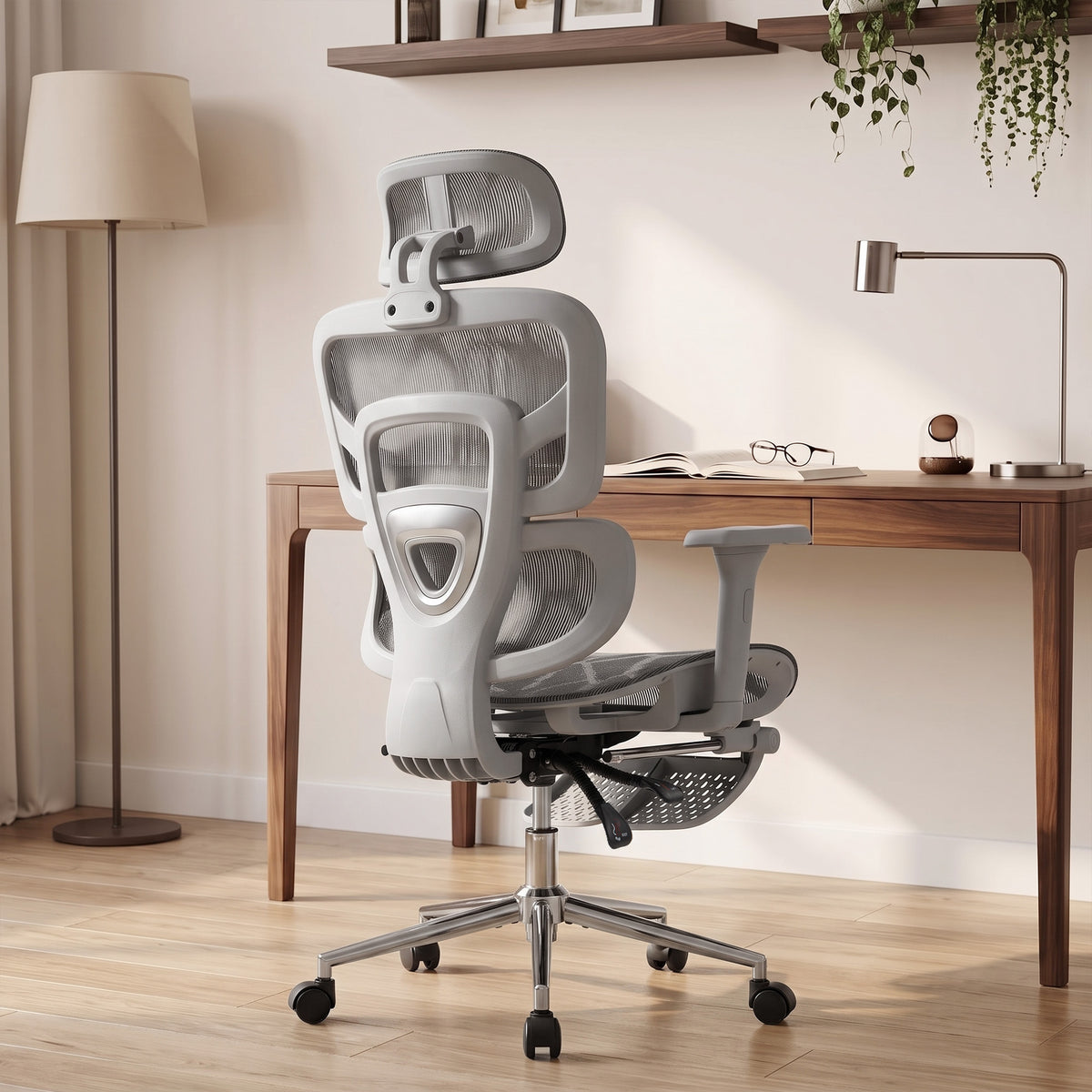 Ergonomic Office Chair with Lumbar Support, 2D Headrest, Mesh Reclining Desk Chair with Footrest, Swivel Wheels, Gray