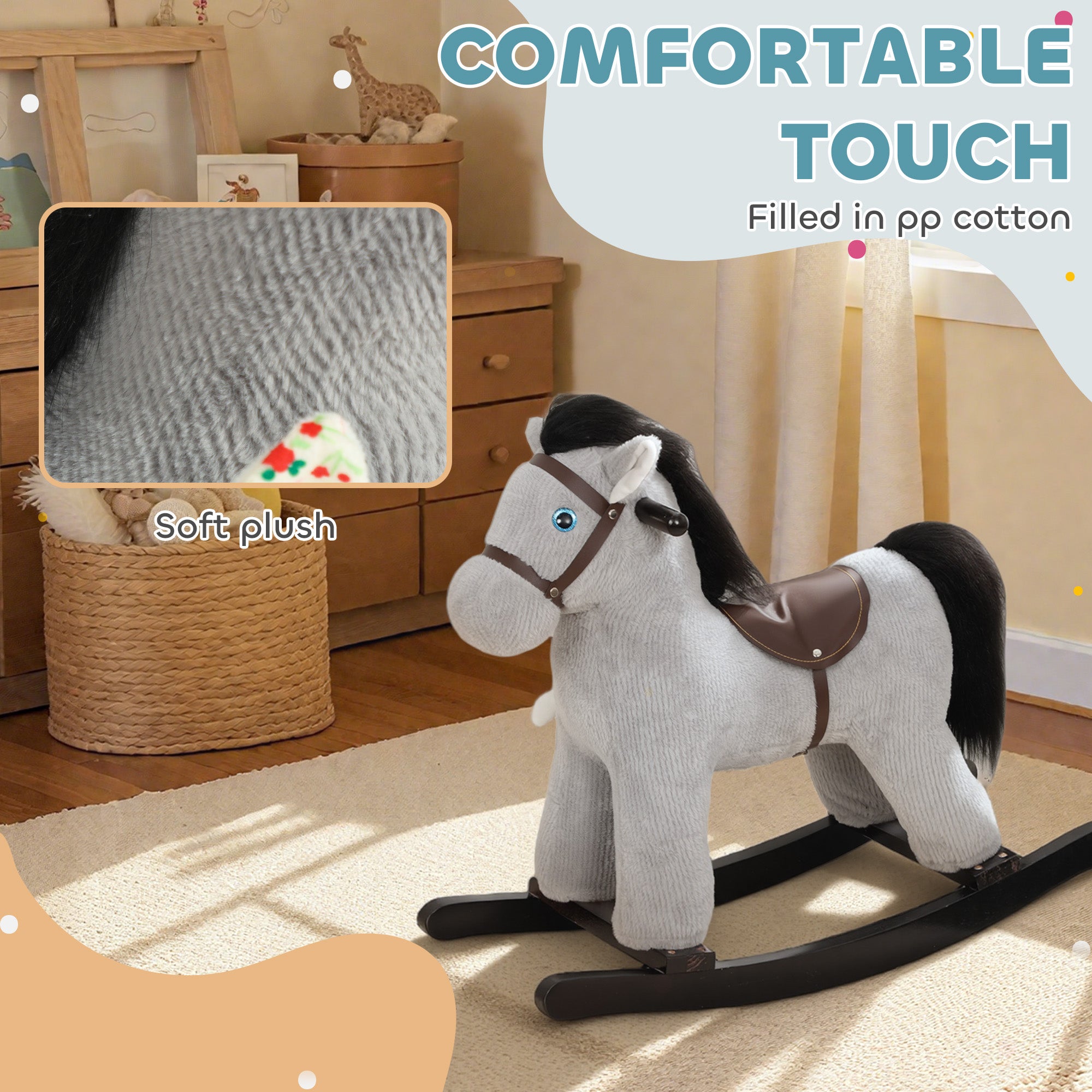 Kids Rocking Horse, Plush Toddler Ride on Toy with Realistic Neigh and Toy for 2–5 Years Old, Gray