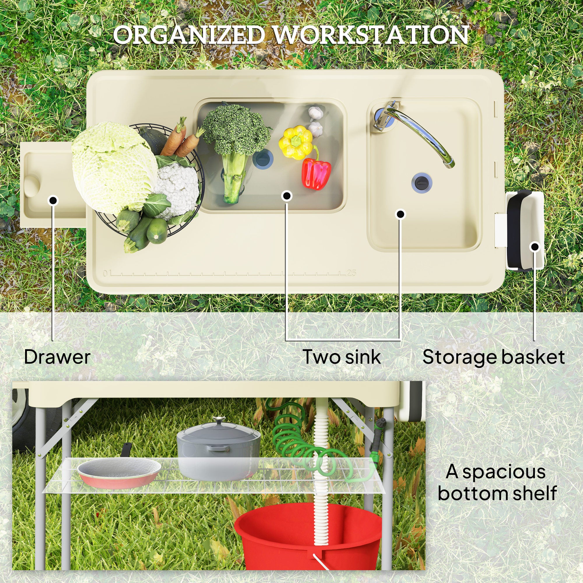 Folding Fish Cleaning Table with Sinks, Portable Camping Sink Table with Faucet, Drainage Hose, Sprayer, Shelf, Drawer and Storage Basket, Outdoor Fillet Table for Picnic Beach Patio, Tan