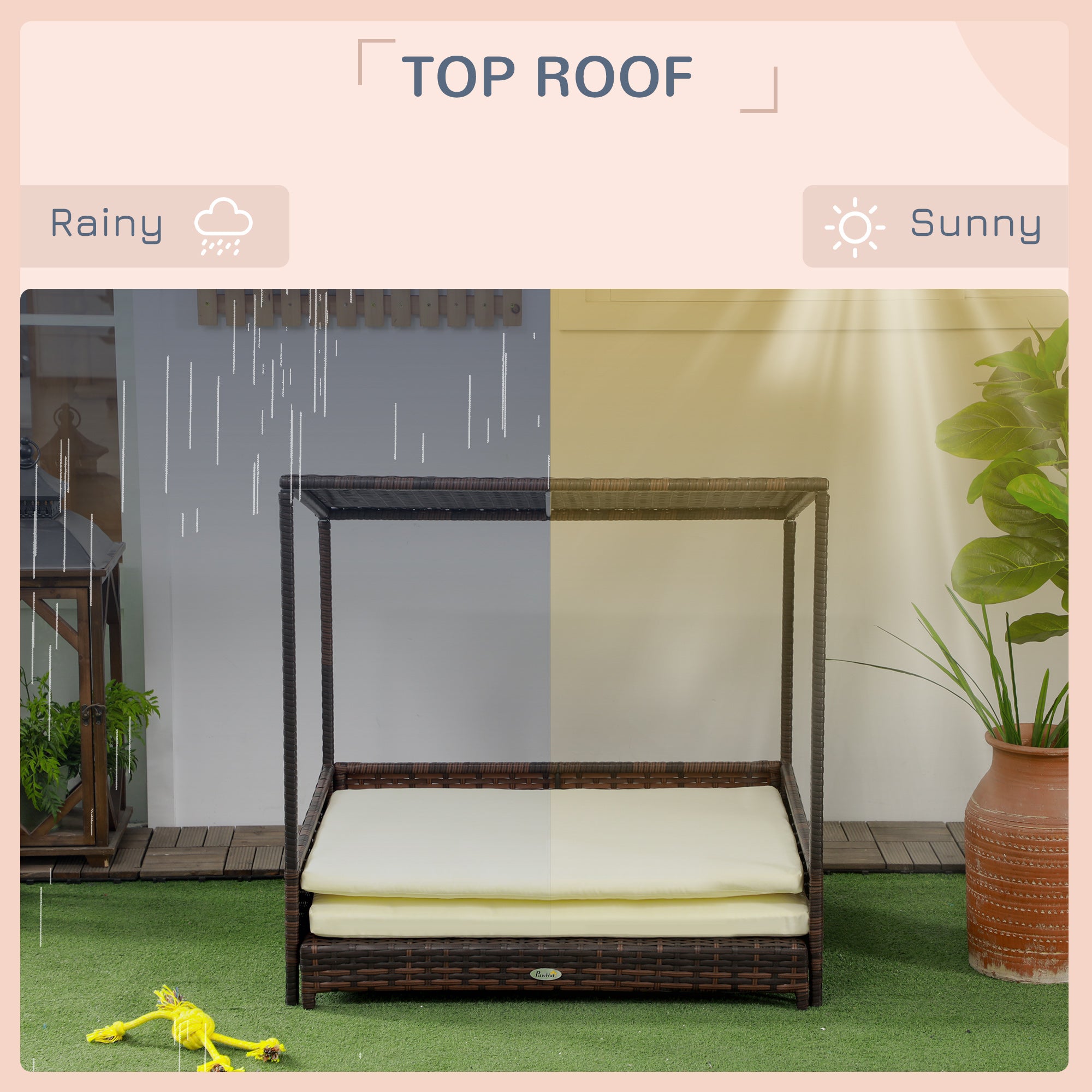Outdoor Dog Bed, Extendable Wicker Dog Bed with Roof, Soft Cushion for Small and Medium Dogs, Mixed-Brown - Mixed-brown - Image 6