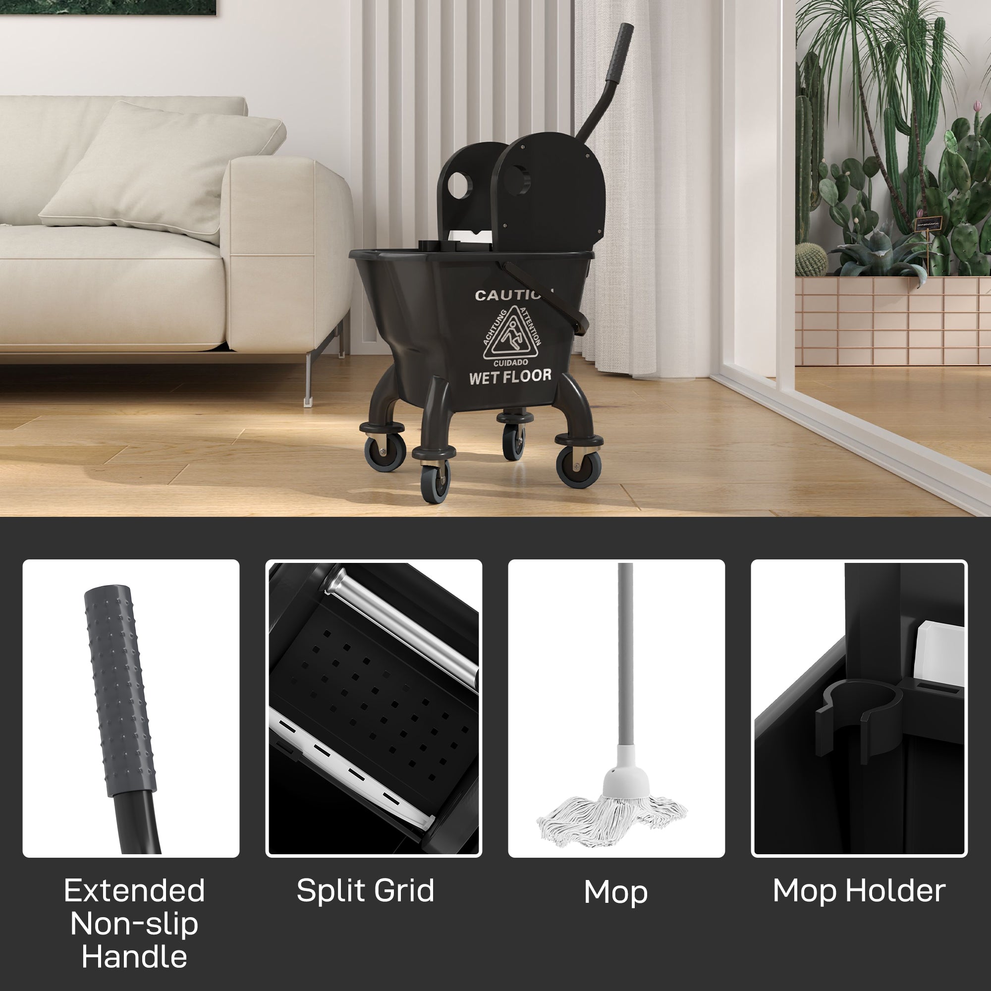 Mop Bucket with Wringer on Wheels for Floor Cleaning, 27.5 Quart Down Press Wringer with Handle and Mop, Black