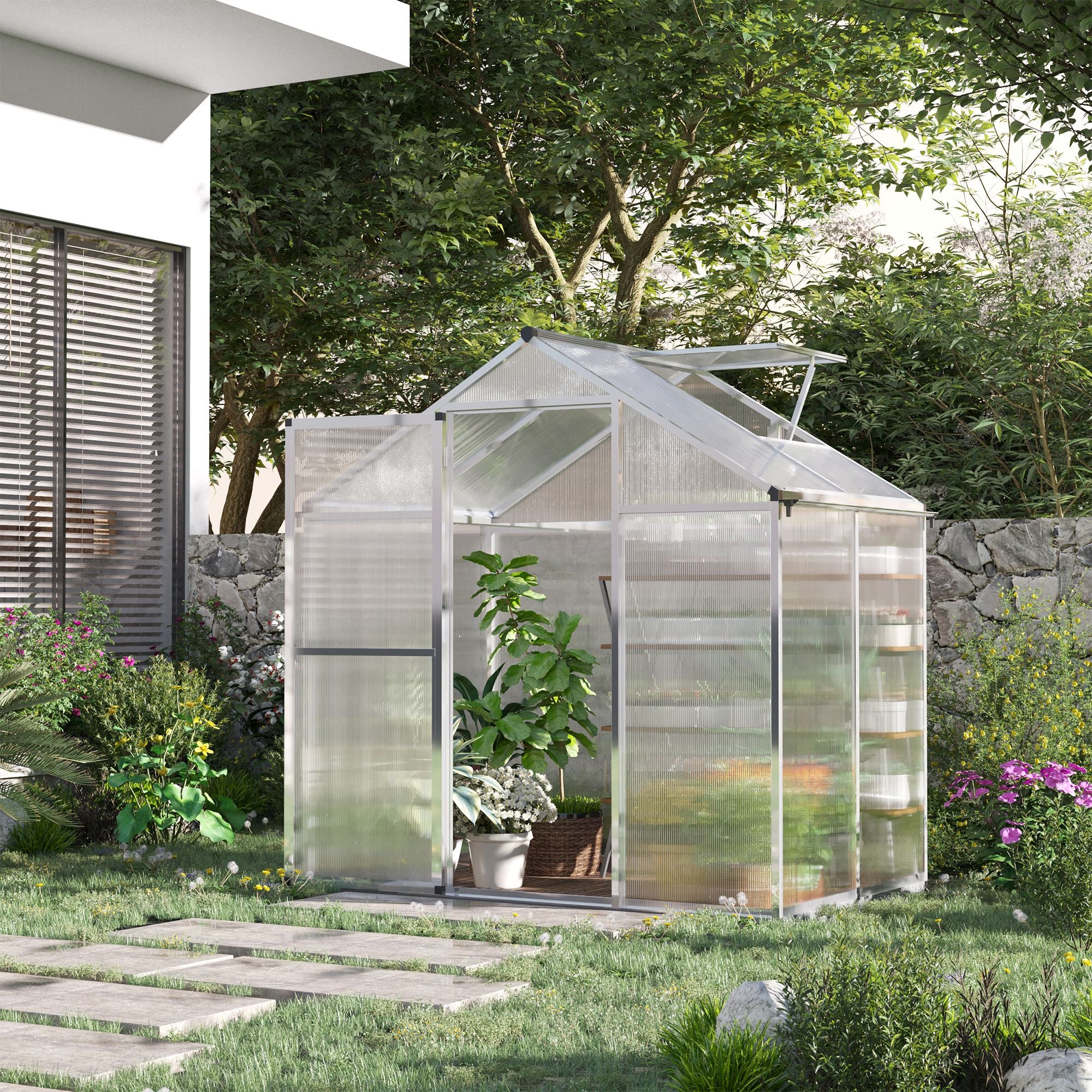 4' L x 6' W Walk-In Polycarbonate Greenhouse with Roof Vent,Greenhouse for Winter - Silver - Image 2
