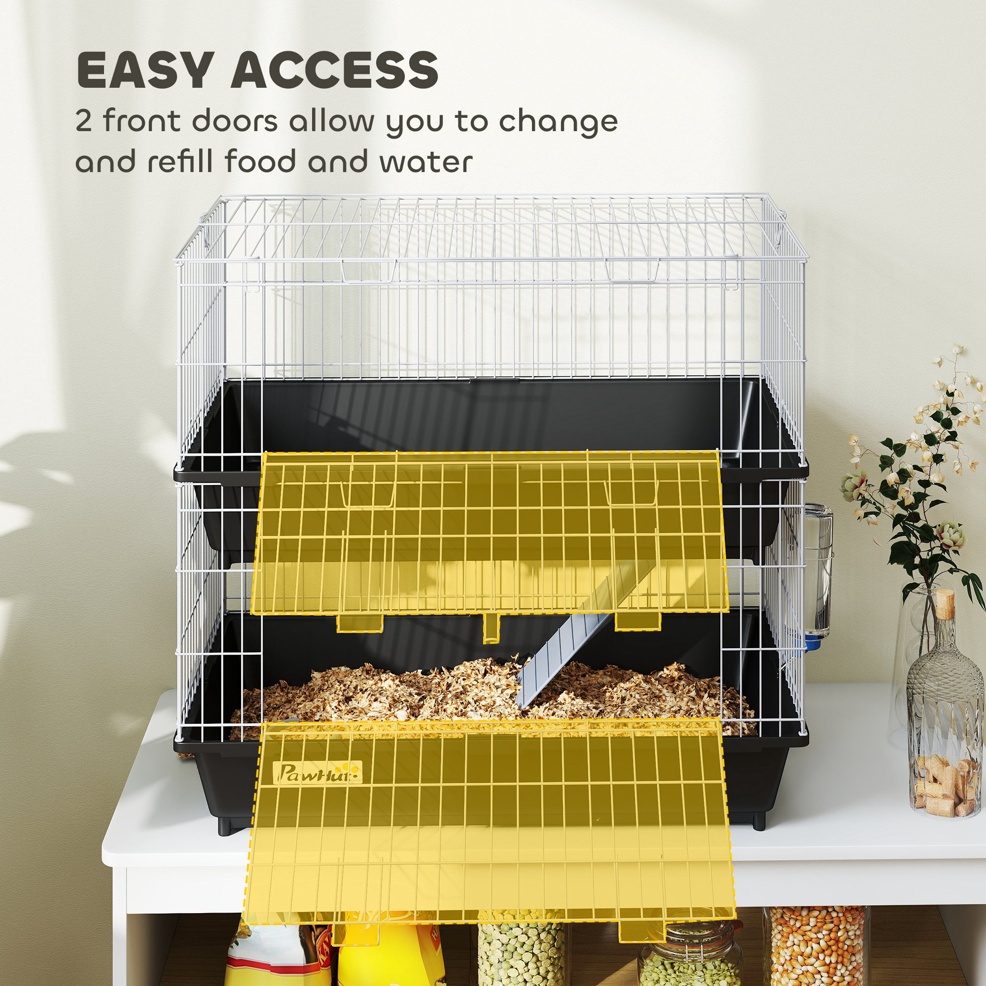2-Tier Small Animal Cage with 2 Doors, Trays, Dish, Bottle, and Ramp for Bunny, Ferret, Chinchilla, Black - Black - Image 4
