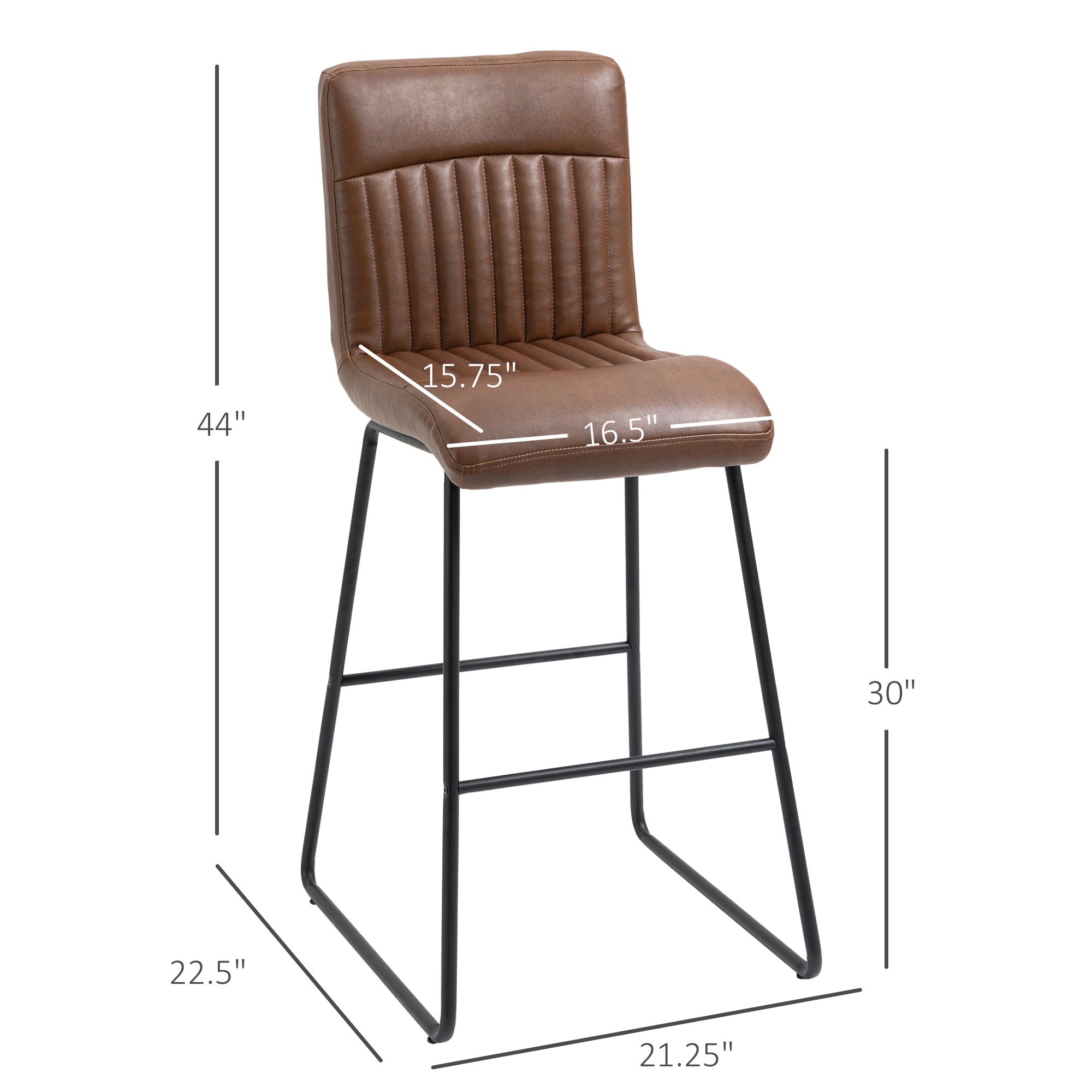 30" Industrial Bar Stool, PU Leather Barstool with Footrest, Upholstered Armless Pub Height Chair, Brown / Black