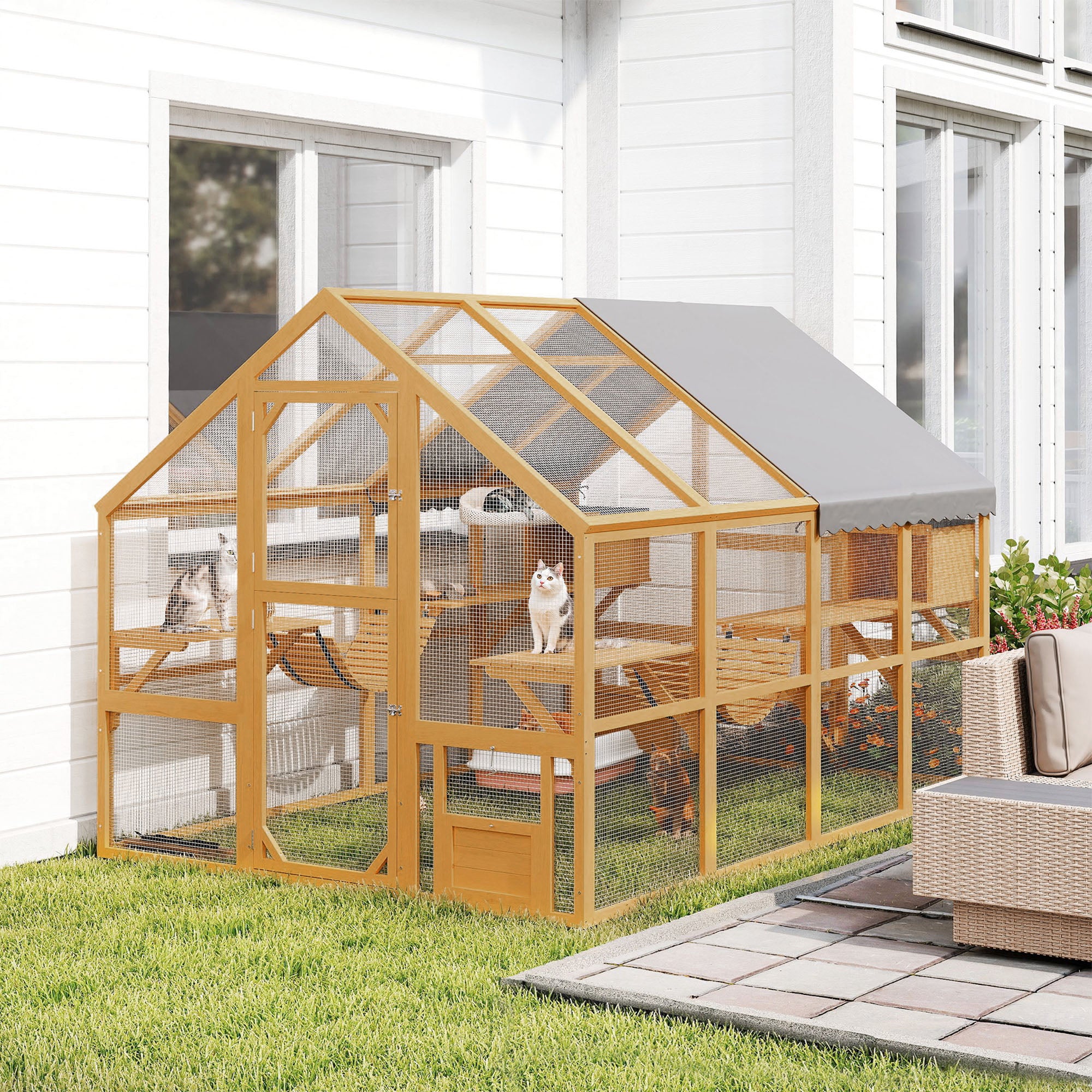 Wooden Catio Outdoor Cat Enclosure, Large Cat House with Waterproof Cover, 2 Condos, 6 Platforms, Bridge, Doors, Yellow - Yellow - Image 2