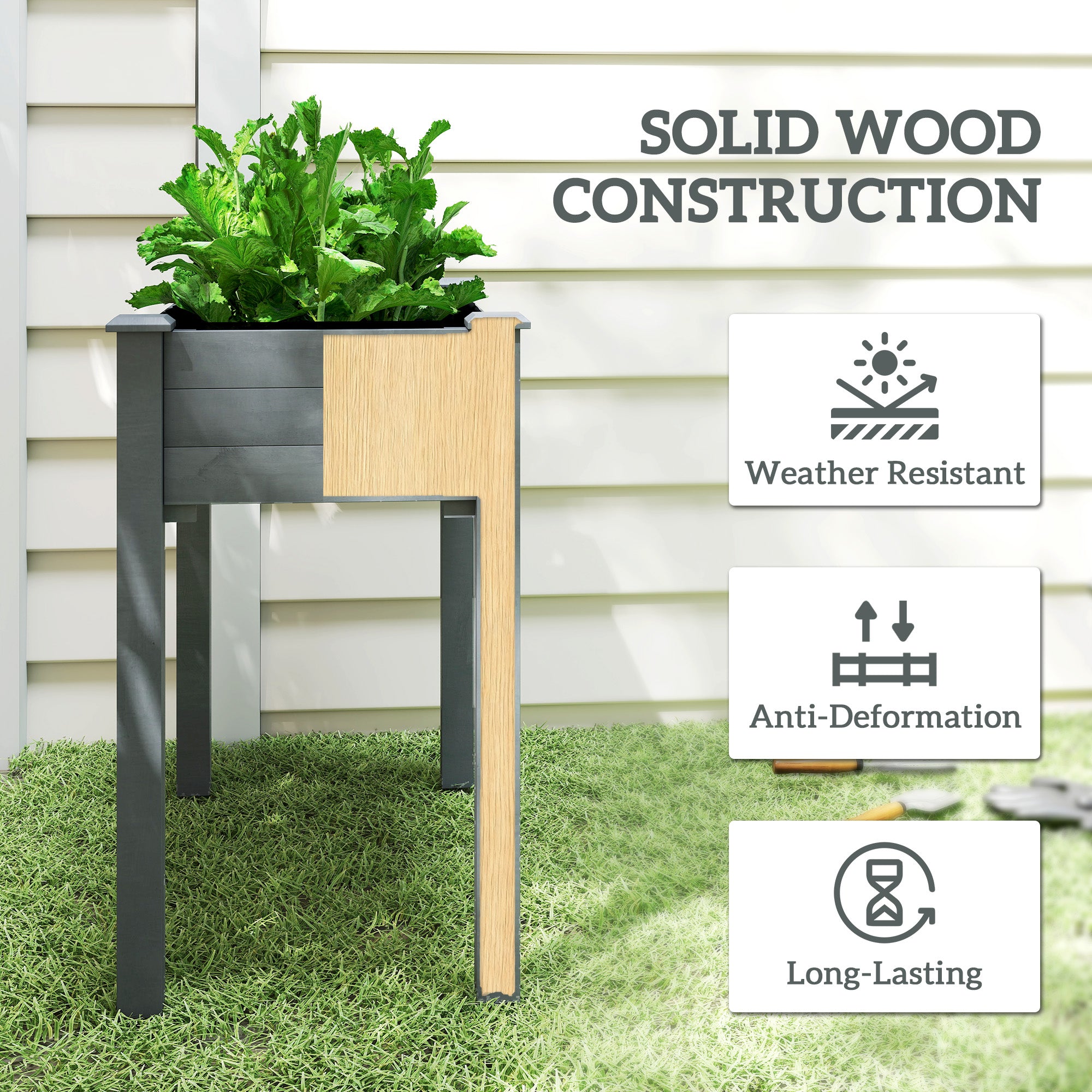 34" Raised Garden Bed, Elevated Wooden Planter Box with Holes for Vegetables, Herb, Flowers for Backyard, Dark Gray - Dark Gray - Image 5